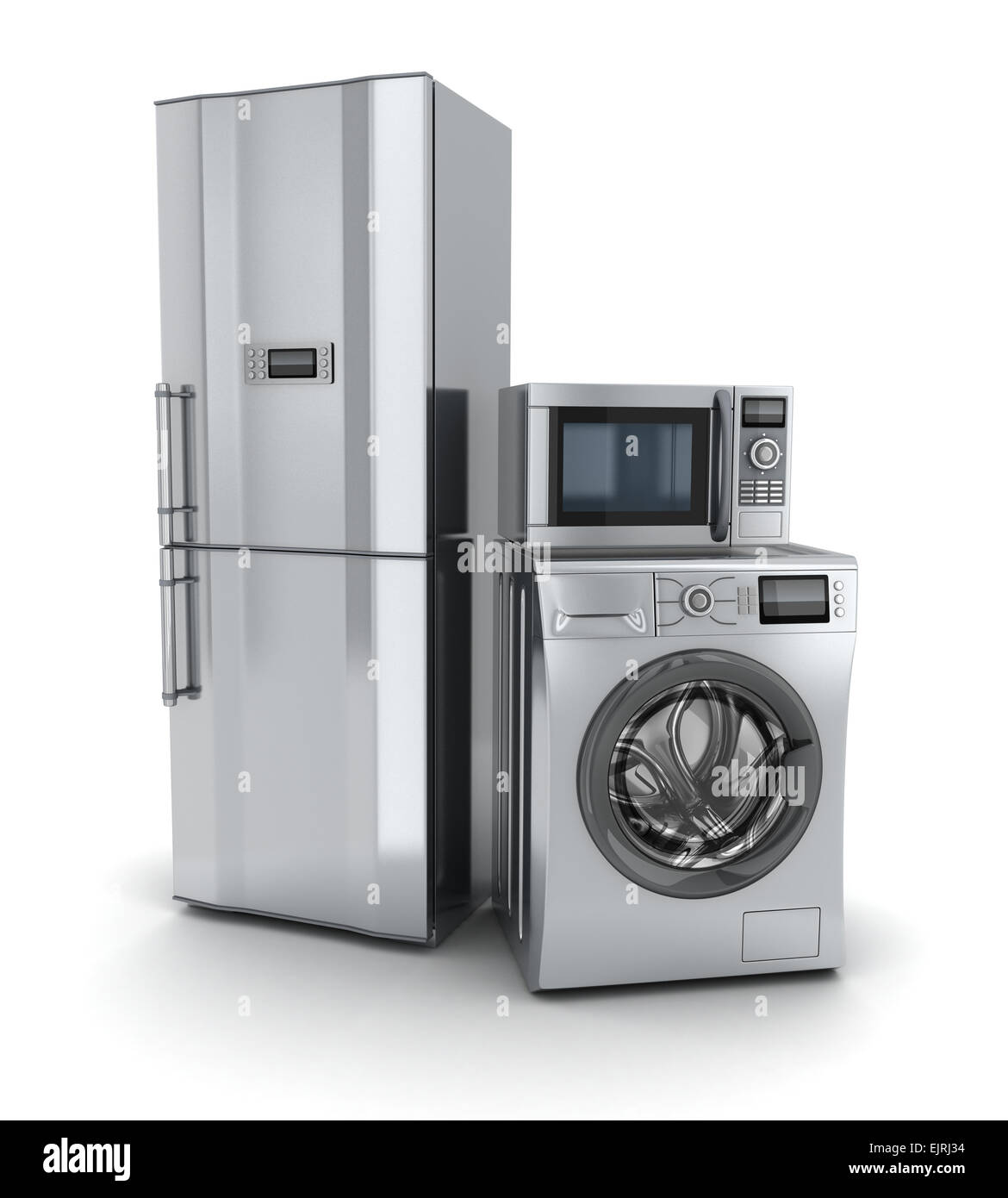 Consumer-Elektronik. Kühlschrank, Mikrowelle und Waschmaschine (im 3d gemacht). Stockfoto