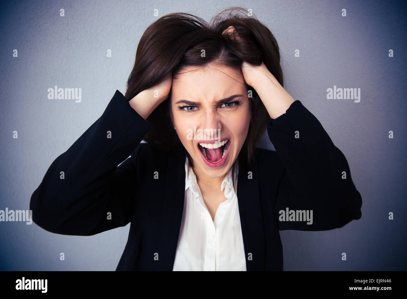 Wütend Geschäftsfrau schreien auf grauem Hintergrund. Hält ihr Haar. Blick in die Kamera Stockfoto