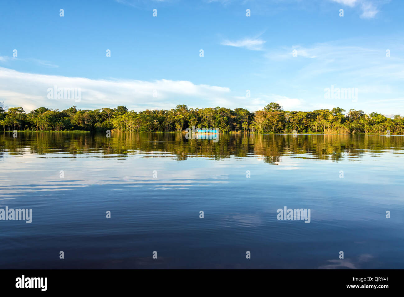 Dschungel, Himmel und Boot spiegelt sich in dem klaren, blauen Wasser des Flusses Javari im brasilianischen Amazonas-Regenwald Stockfoto