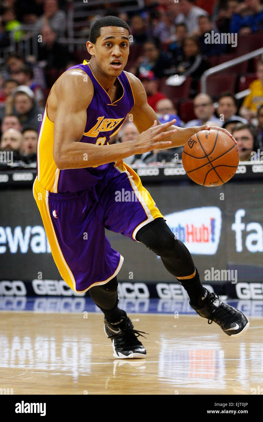 Überstunden. 30. März 2015. Los Angeles Lakers bewachen Jordan Clarkson (6) in Aktion während der NBA-Spiel zwischen den Los Angeles Lakers und die Philadelphia 76ers im Wells Fargo Center in Philadelphia, Pennsylvania. Die Los Angeles Lakers gewann 113-111 in der Overtime. © Csm/Alamy Live-Nachrichten Stockfoto