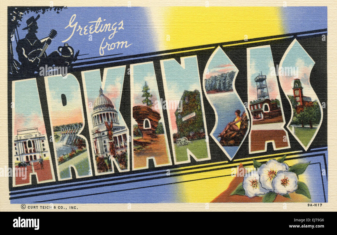 Großbrief "Grüße aus Arkansas' staatliche Namen alte Ansichtskarte ca. 1930-1940 Stockfoto
