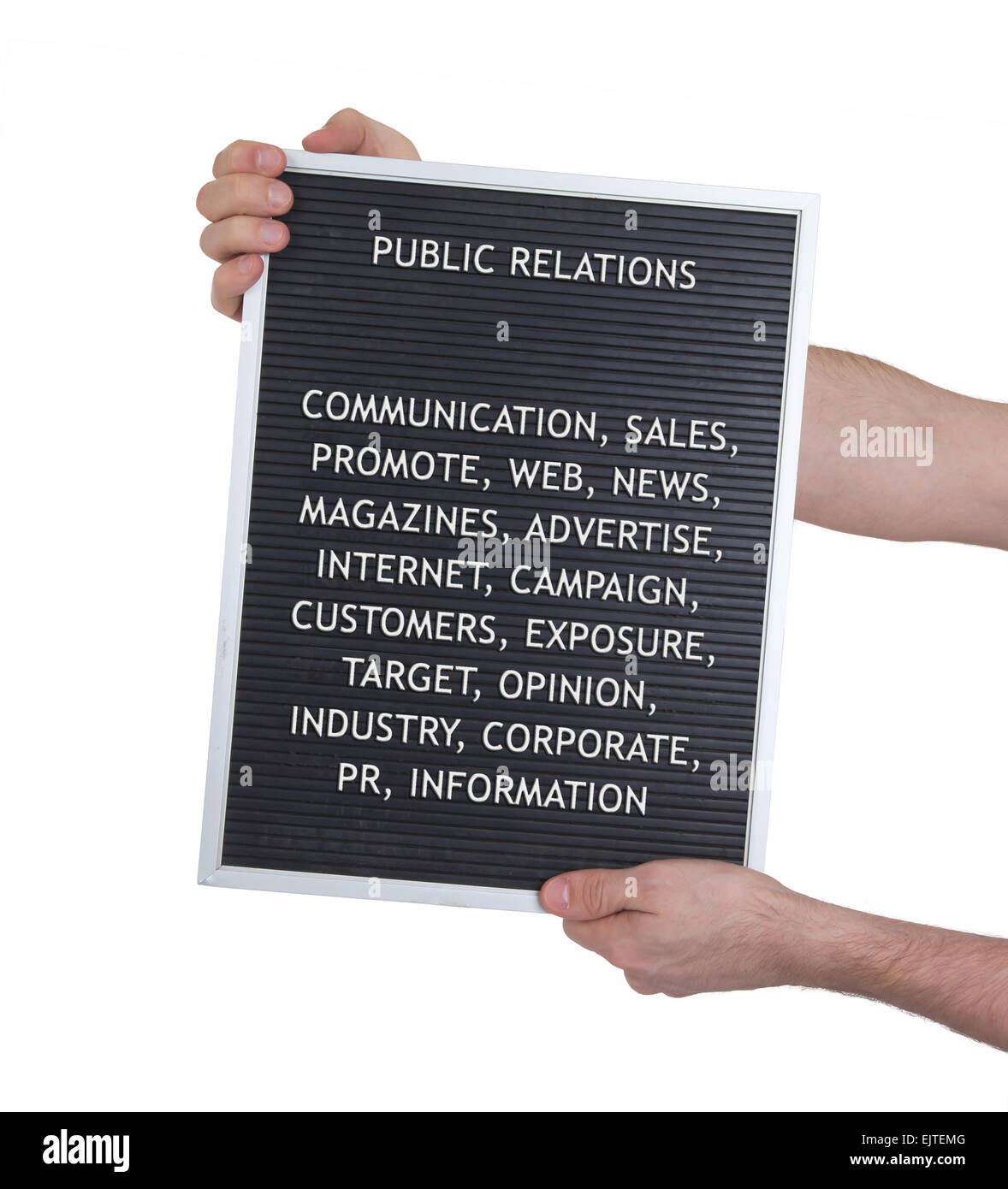 PR-Konzept in Kunststoff Buchstaben auf sehr alten Speisekarte an Bord, Vintage-look Stockfoto