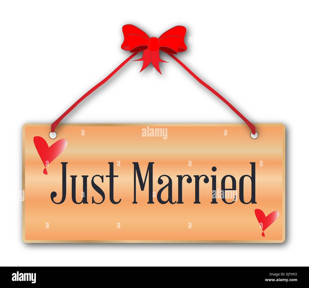 Nur verheiratet Plaque in Woodgrain mit rotem Band und Bogen über einen weißen Hintergrund mit Liebe Cartoon Herzen Stockfoto Nur verheiratet Plaque in Woodgrain mit rotem Band und Bogen über einen weißen Hintergrund mit Liebe Cartoon Herzen Stockfoto