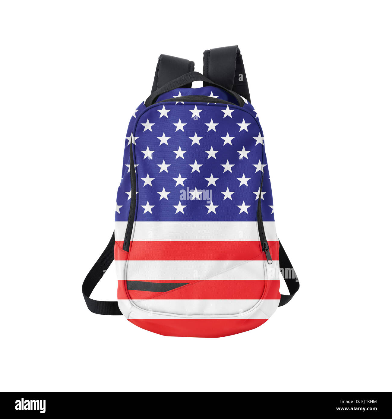 US-Flagge Rucksack isolierten auf weißen Hintergrund. Zurück zum Schulkonzept. Ausbildung und Studium im Ausland. Reisen und Tourismus in USA Stockfoto