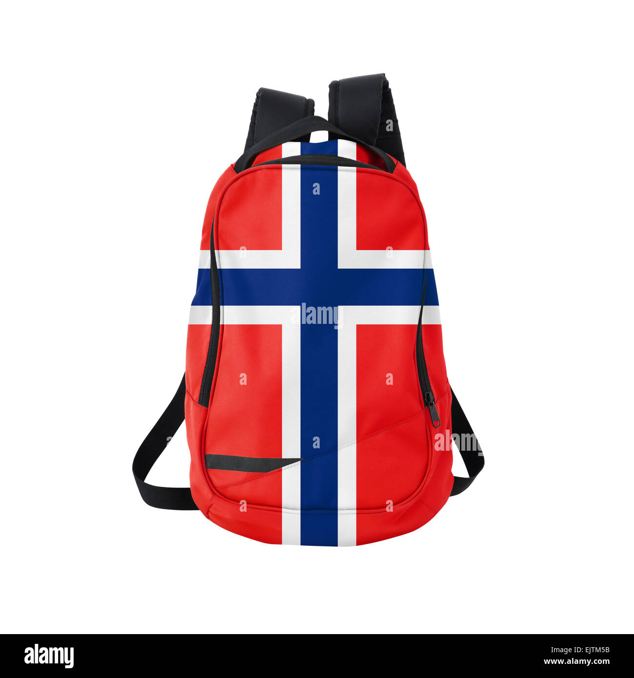Norwegen Flagge Rucksack isolierten auf weißen Hintergrund. Zurück zum Schulkonzept. Ausbildung und Studium im Ausland. Reisen und Tourismus Stockfoto