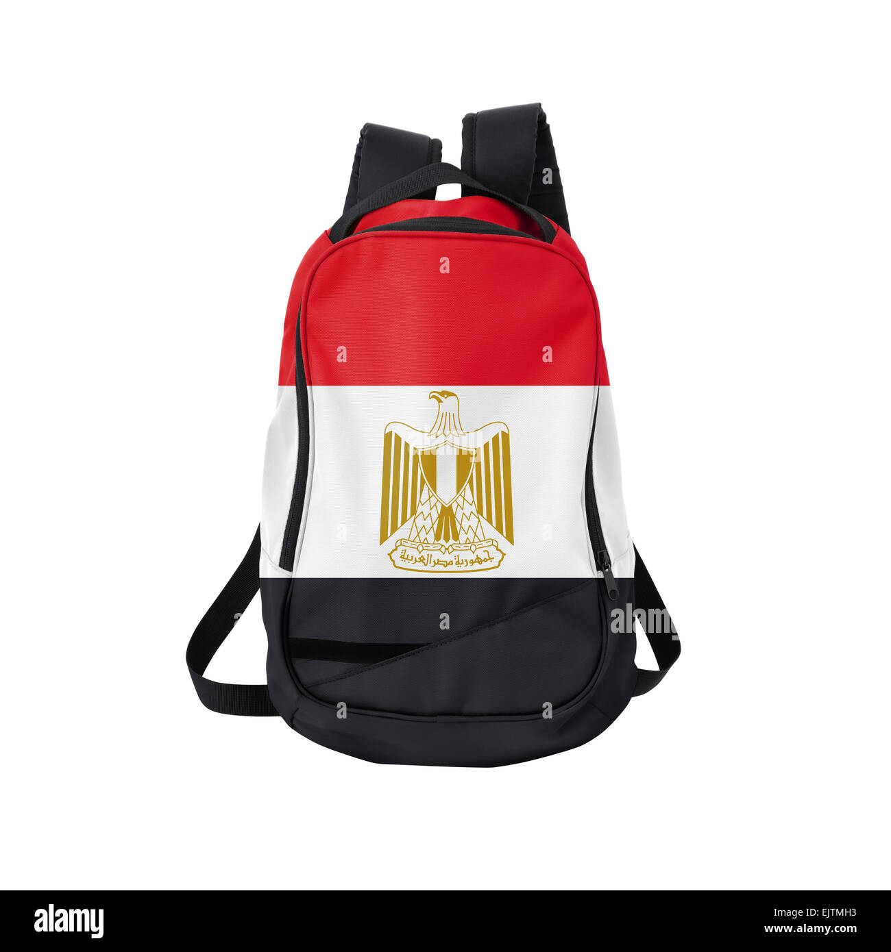 Ägypten-Flagge Rucksack isolierten auf weißen Hintergrund. Zurück zum Schulkonzept. Ausbildung und Studium im Ausland. Reisen und Tourismus Stockfoto