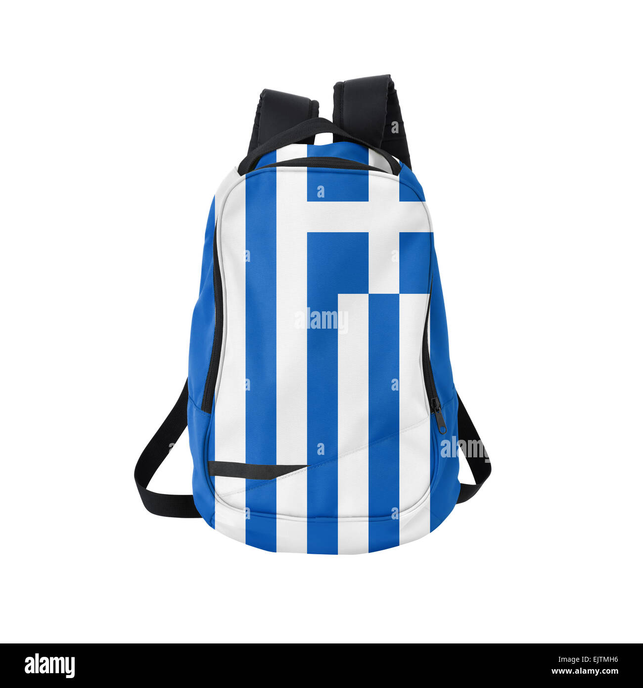 Griechenland Flagge Rucksack isolierten auf weißen Hintergrund. Zurück zum Schulkonzept. Ausbildung und Studium im Ausland. Reisen und Tourismus Stockfoto