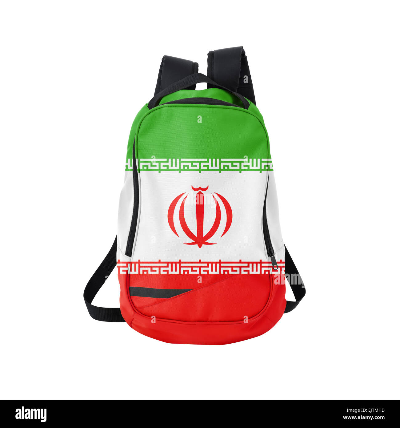 Iran Flagge Rucksack isolierten auf weißen Hintergrund. Zurück zum Schulkonzept. Ausbildung und Studium im Ausland. Reisen und Tourismus im Iran Stockfoto