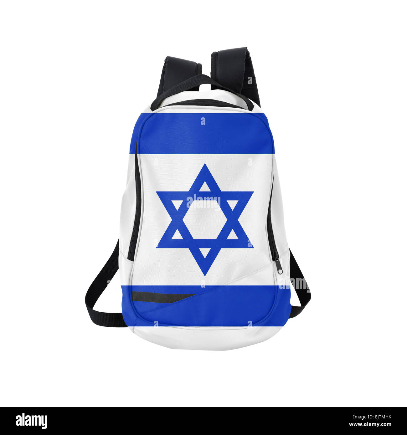 Israel-Flagge Rucksack isolierten auf weißen Hintergrund. Zurück zum Schulkonzept. Ausbildung und Studium im Ausland. Reisen und Tourismus Stockfoto