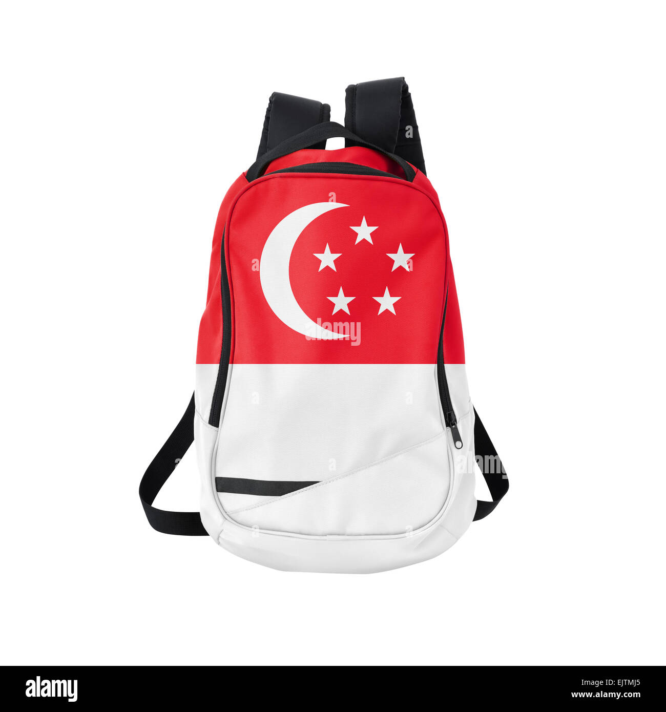 Singapur-Flagge Rucksack isolierten auf weißen Hintergrund. Zurück zum Schulkonzept. Ausbildung und Studium im Ausland. Reisen und Tourismus Stockfoto