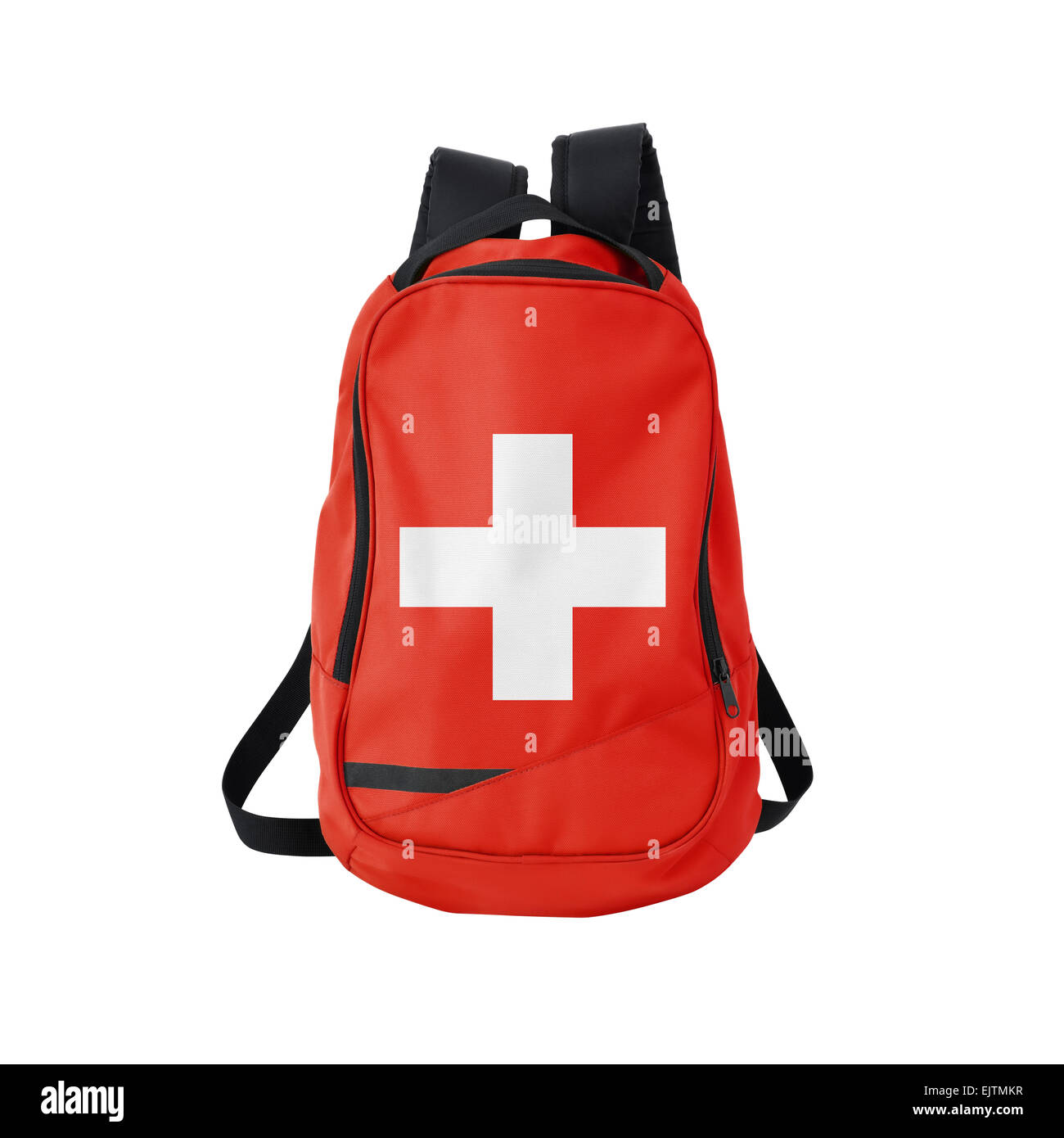 Schweiz Flagge Rucksack isolierten auf weißen Hintergrund. Zurück zum Schulkonzept. Ausbildung und Studium im Ausland. Reisen und Tourismus ich Stockfoto
