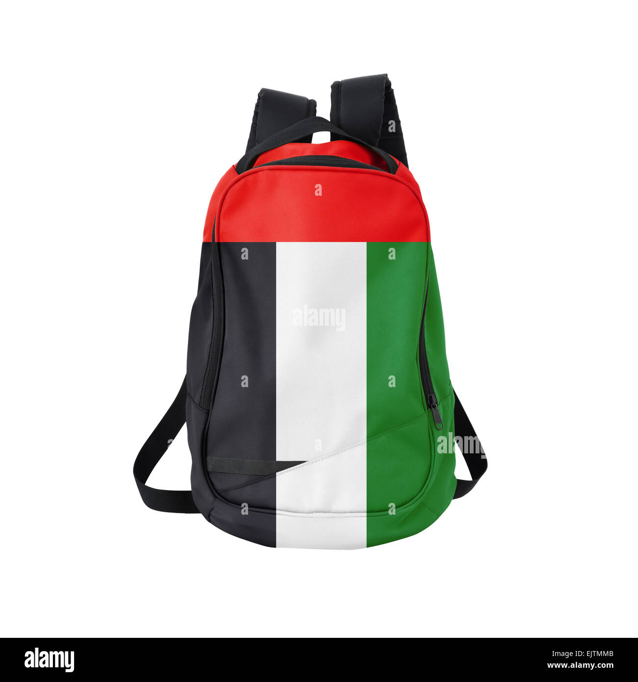 Arabische Emirate Flagge Rucksack isolierten auf weißen Hintergrund. Zurück zum Schulkonzept. Ausbildung und Studium im Ausland. Reisen und Tourismus Stockfoto