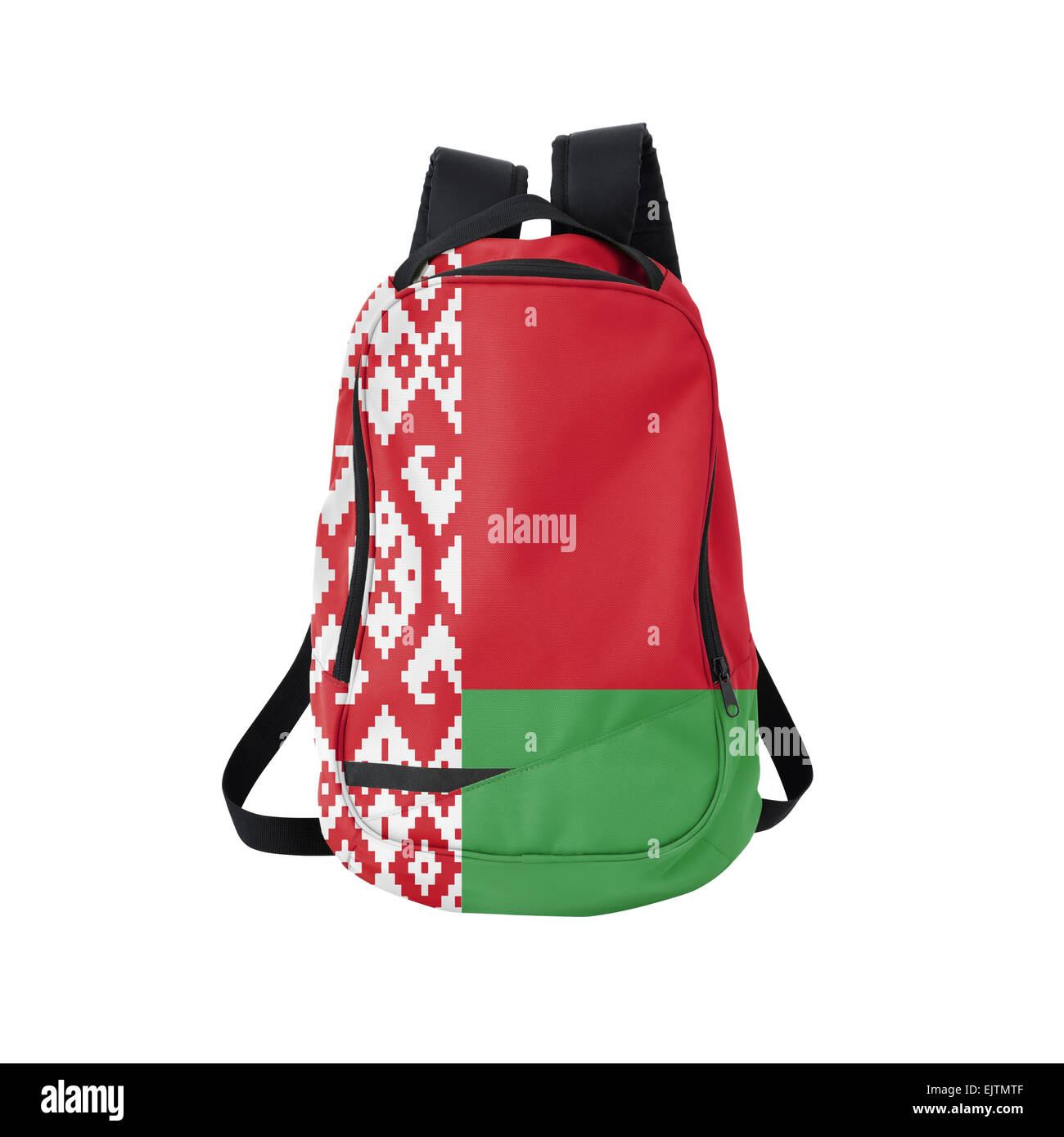 Weißrussland-Flagge Rucksack isolierten auf weißen Hintergrund. Zurück zum Schulkonzept. Ausbildung und Studium im Ausland. Reisen und Tourismus Stockfoto