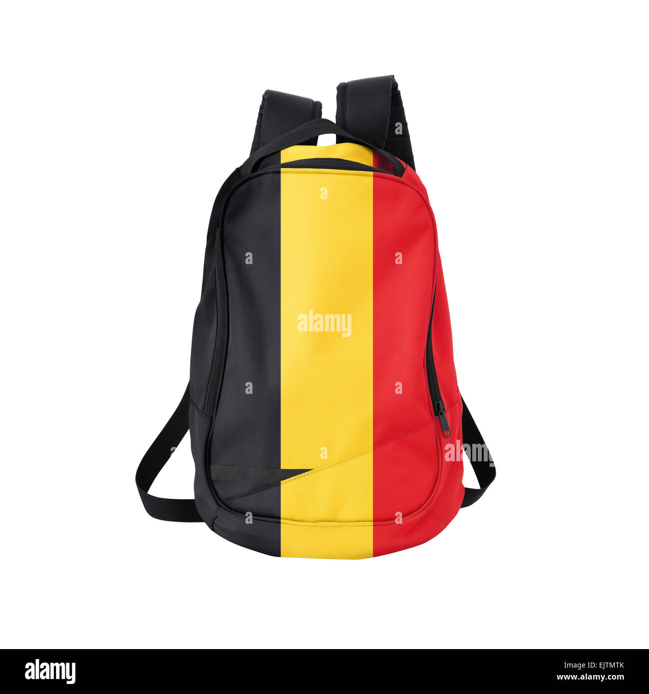Belgien Fahne Rucksack isolierten auf weißen Hintergrund. Zurück zum Schulkonzept. Ausbildung und Studium im Ausland. Reisen und Tourismus Stockfoto