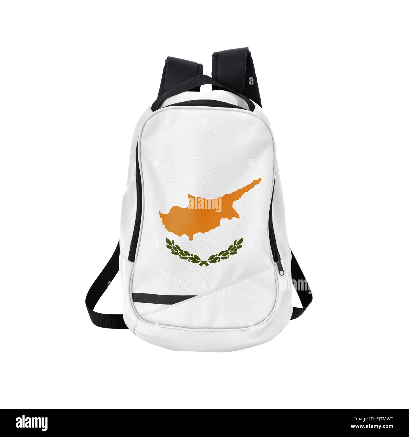 Zyprischer Flagge Rucksack isolierten auf weißen Hintergrund. Zurück zum Schulkonzept. Ausbildung und Studium im Ausland. Reisen und Tourismus Stockfoto