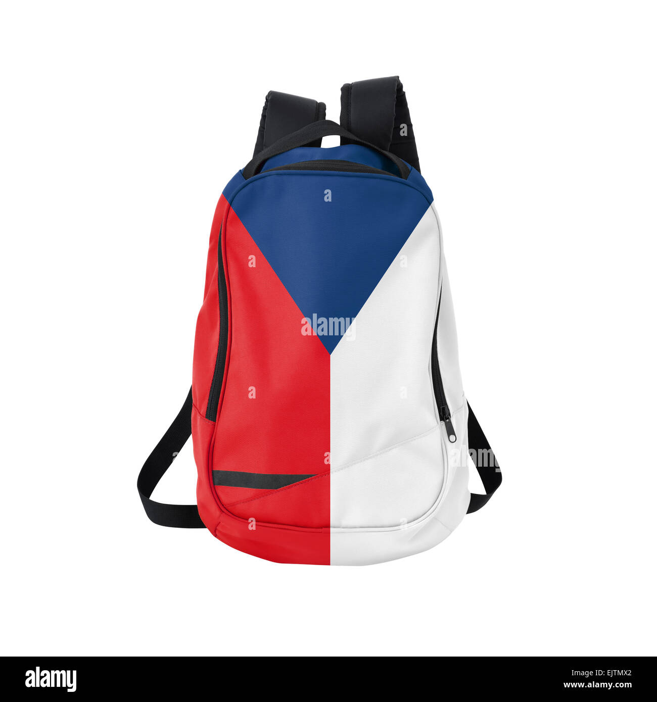 Tschechische Flagge Rucksack isoliert auf weißem Hintergrund. Zurück zum Schulkonzept. Ausbildung und Studium im Ausland. Reisen und Tourismus Stockfoto