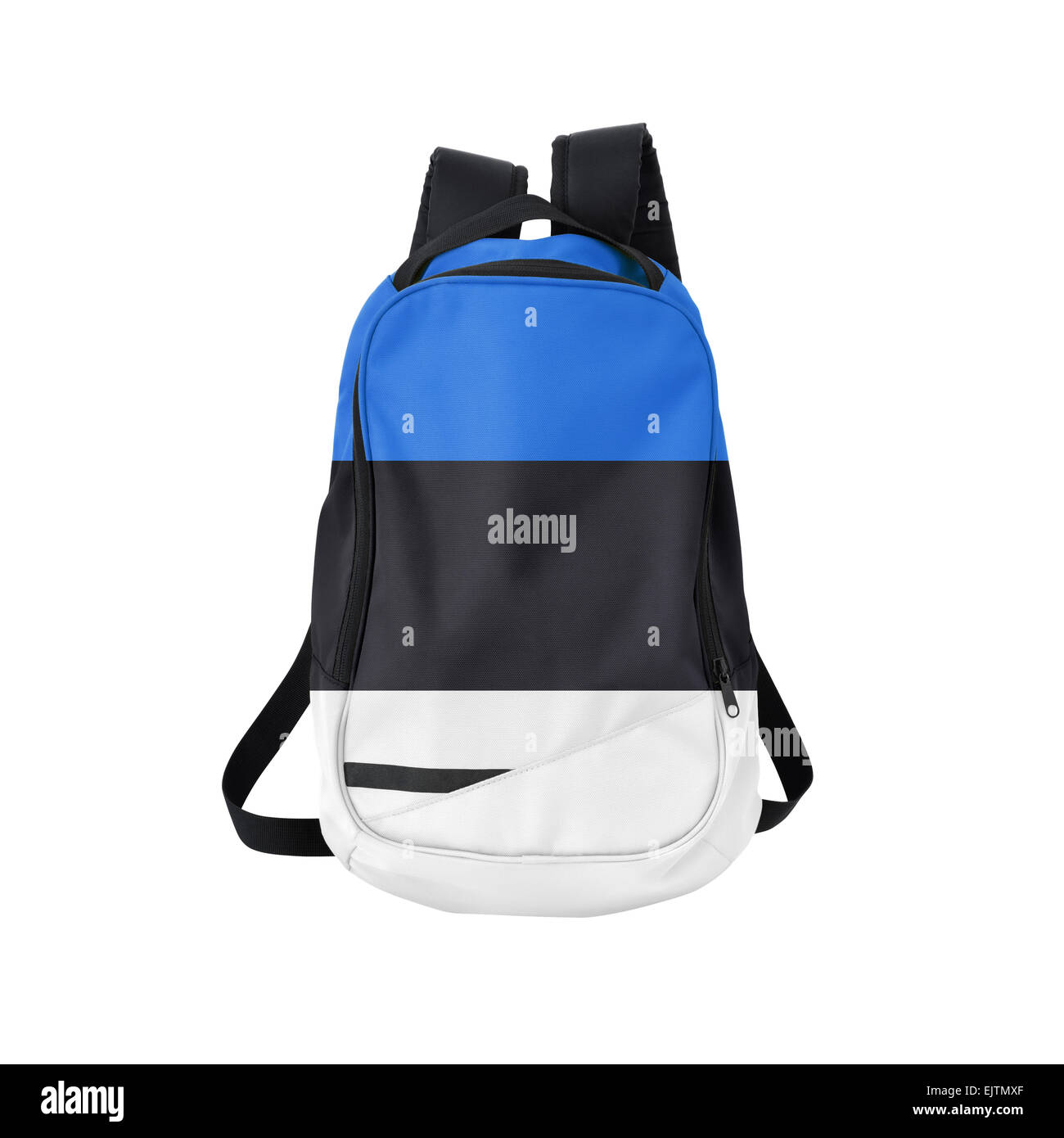 Estnische Fahne Rucksack isolierten auf weißen Hintergrund. Zurück zum Schulkonzept. Ausbildung und Studium im Ausland. Reisen und Tourismus Stockfoto