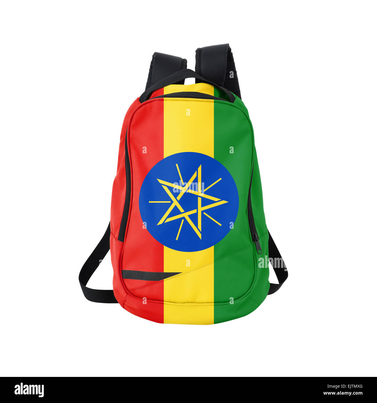 Äthiopische Flagge Rucksack isolierten auf weißen Hintergrund. Zurück zum Schulkonzept. Ausbildung und Studium im Ausland. Reisen und Tourismus Stockfoto