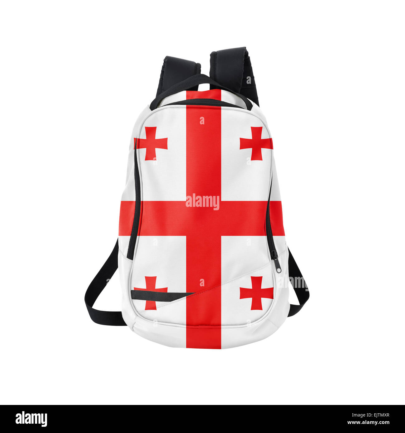 Georgischen Flagge Rucksack isolierten auf weißen Hintergrund. Zurück zum Schulkonzept. Ausbildung und Studium im Ausland. Reisen und Tourismus Stockfoto