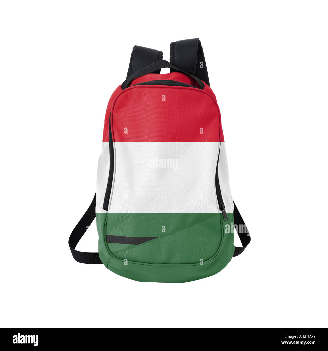Ungarische Flagge Rucksack isolierten auf weißen Hintergrund. Zurück zum Schulkonzept. Ausbildung und Studium im Ausland. Reisen und Tourismus Stockfoto