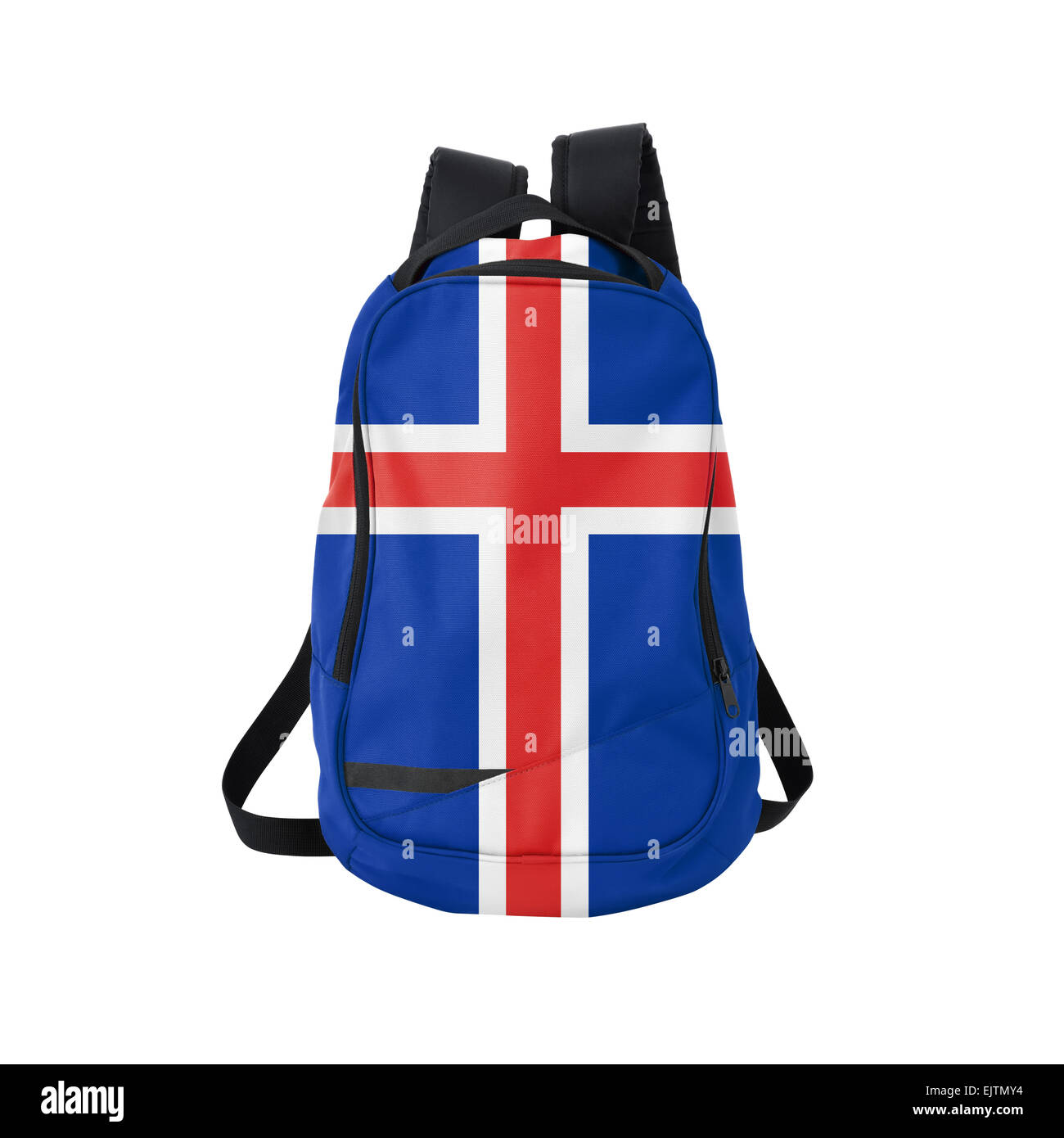 Isländische Flagge Rucksack isolierten auf weißen Hintergrund. Zurück zum Schulkonzept. Ausbildung und Studium im Ausland. Reisen und Tourismus Stockfoto