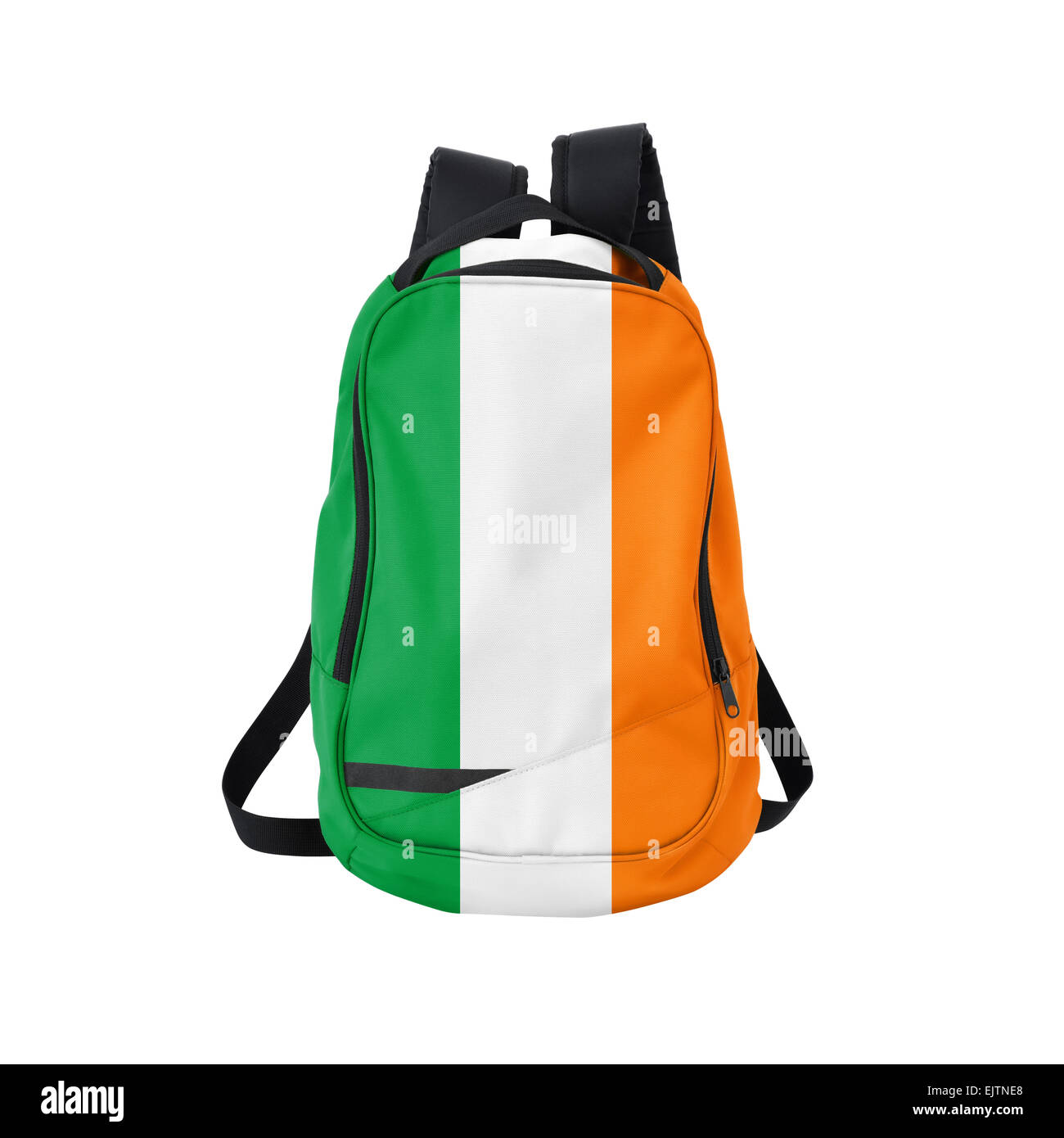 Irische Flagge Rucksack isolierten auf weißen Hintergrund. Zurück zum Schulkonzept. Ausbildung und Studium im Ausland. Reisen und Tourismus Stockfoto