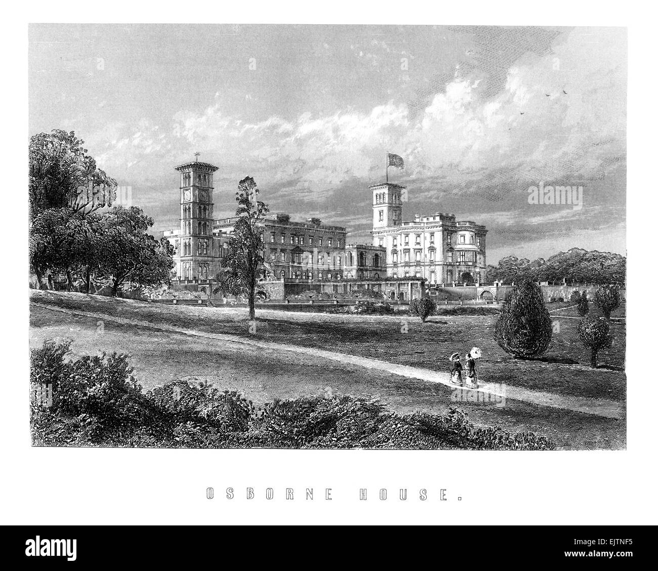 1897 gravierte Darstellung der ehemaligen Königsresidenz Osborne House in East Cowes, Isle Of Wight, Großbritannien Stockfoto