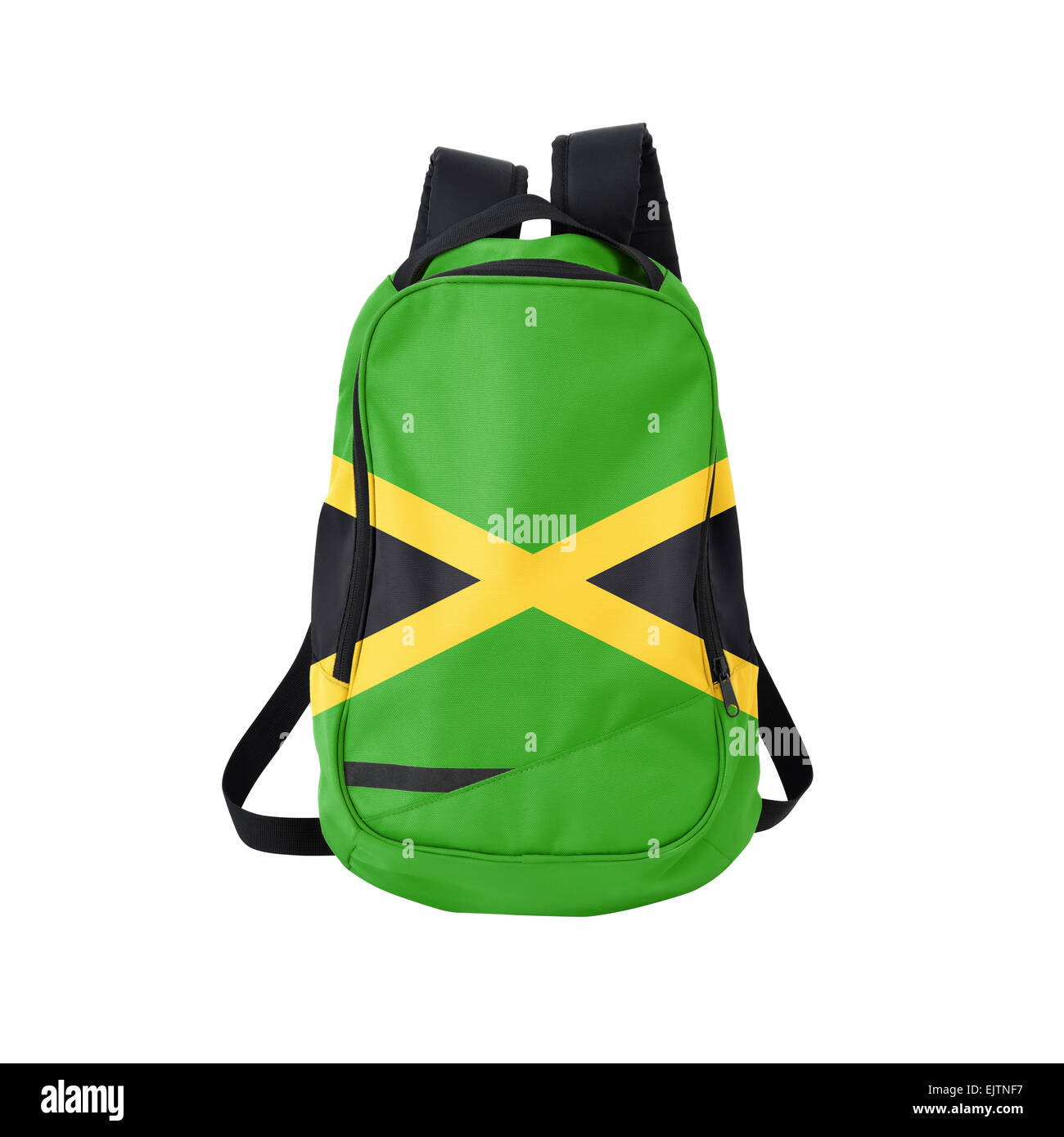 Jamaikanische Flagge Rucksack isolierten auf weißen Hintergrund. Zurück zum Schulkonzept. Ausbildung und Studium im Ausland. Reisen und Tourismus Stockfoto