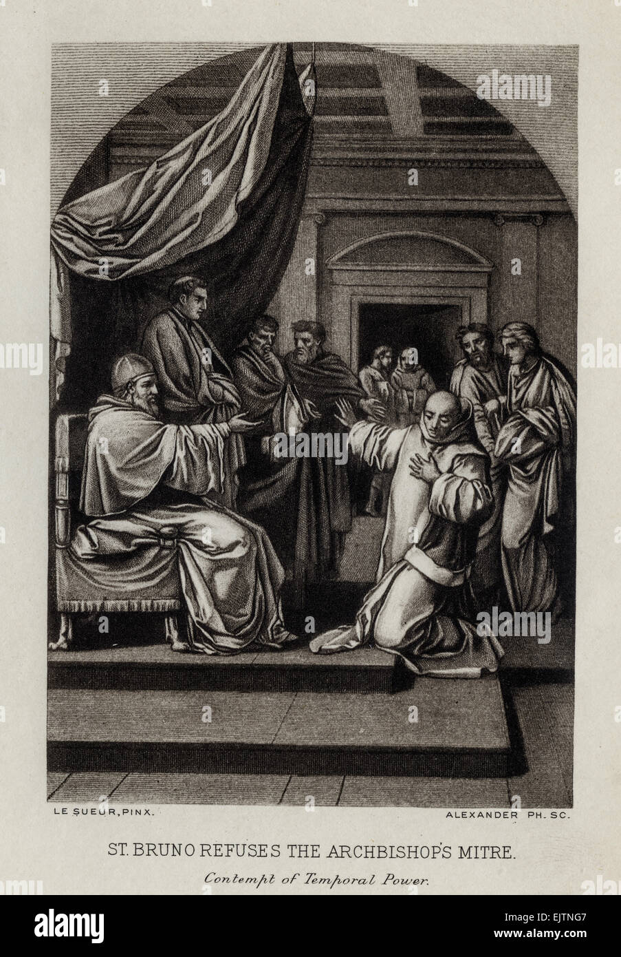 Photogravure aus dem Gemälde "Saint Bruno sich weigert das Erzbistum von Reggio" vom französischen Barock Künstler Eustache Le Sueur, 1616-1655 Stockfoto