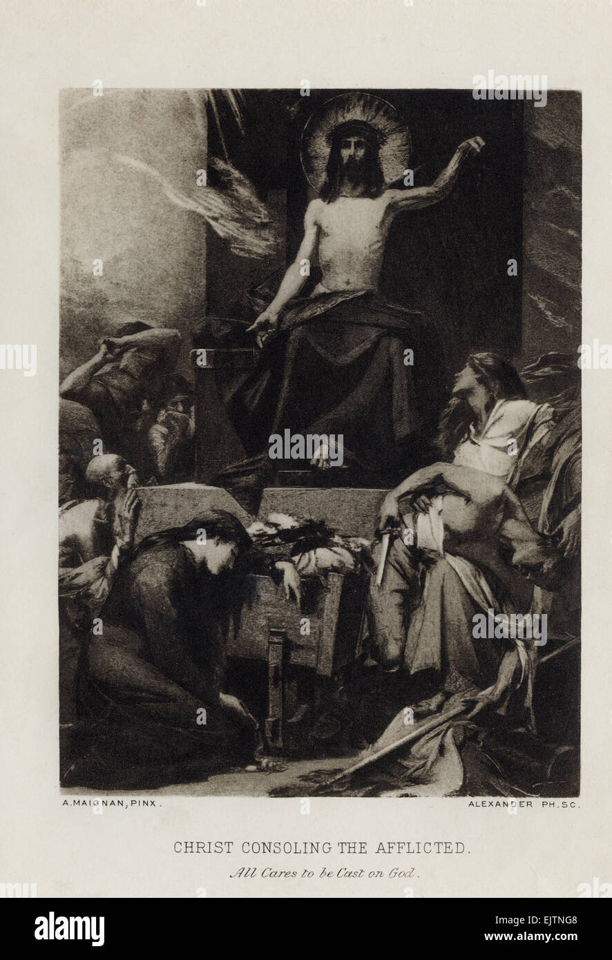 Photogravure aus dem Gemälde "Christus tröstet die heimgesucht" des französischen Künstlers Albert Pierre René Maignan 1845-1908 Stockfoto