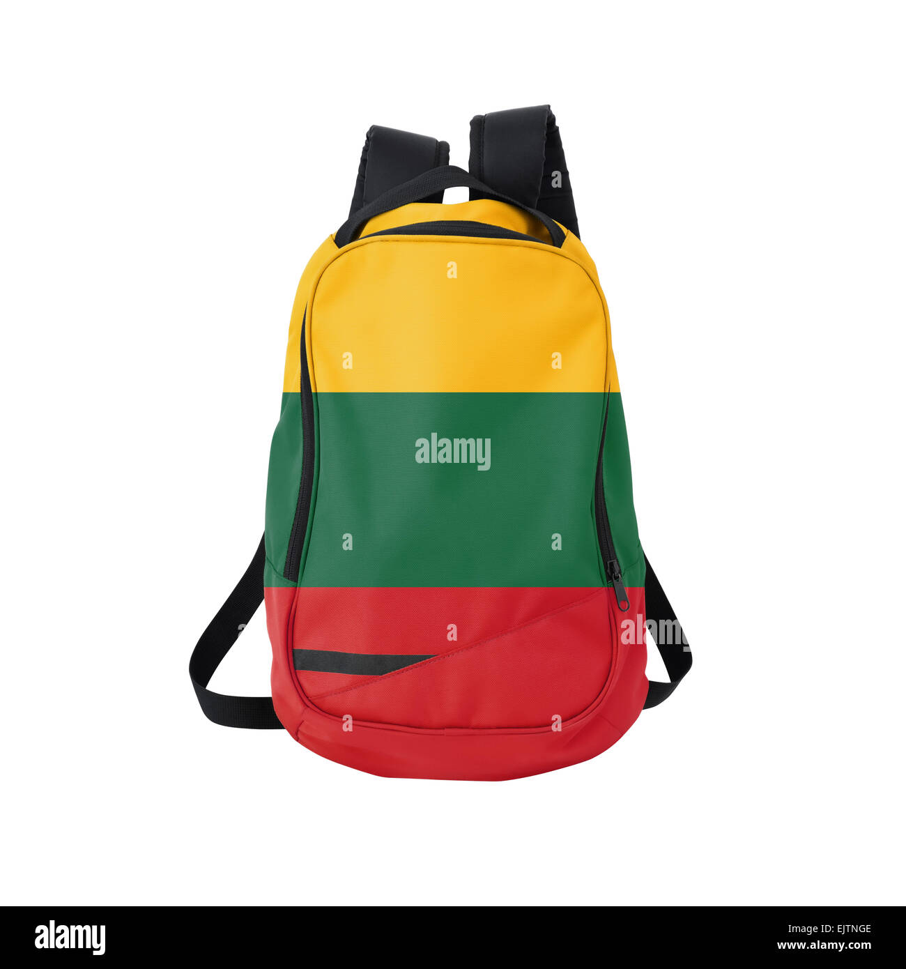 Litauische Flagge Rucksack isolierten auf weißen Hintergrund. Zurück zum Schulkonzept. Ausbildung und Studium im Ausland. Reisen und Tourismus Stockfoto