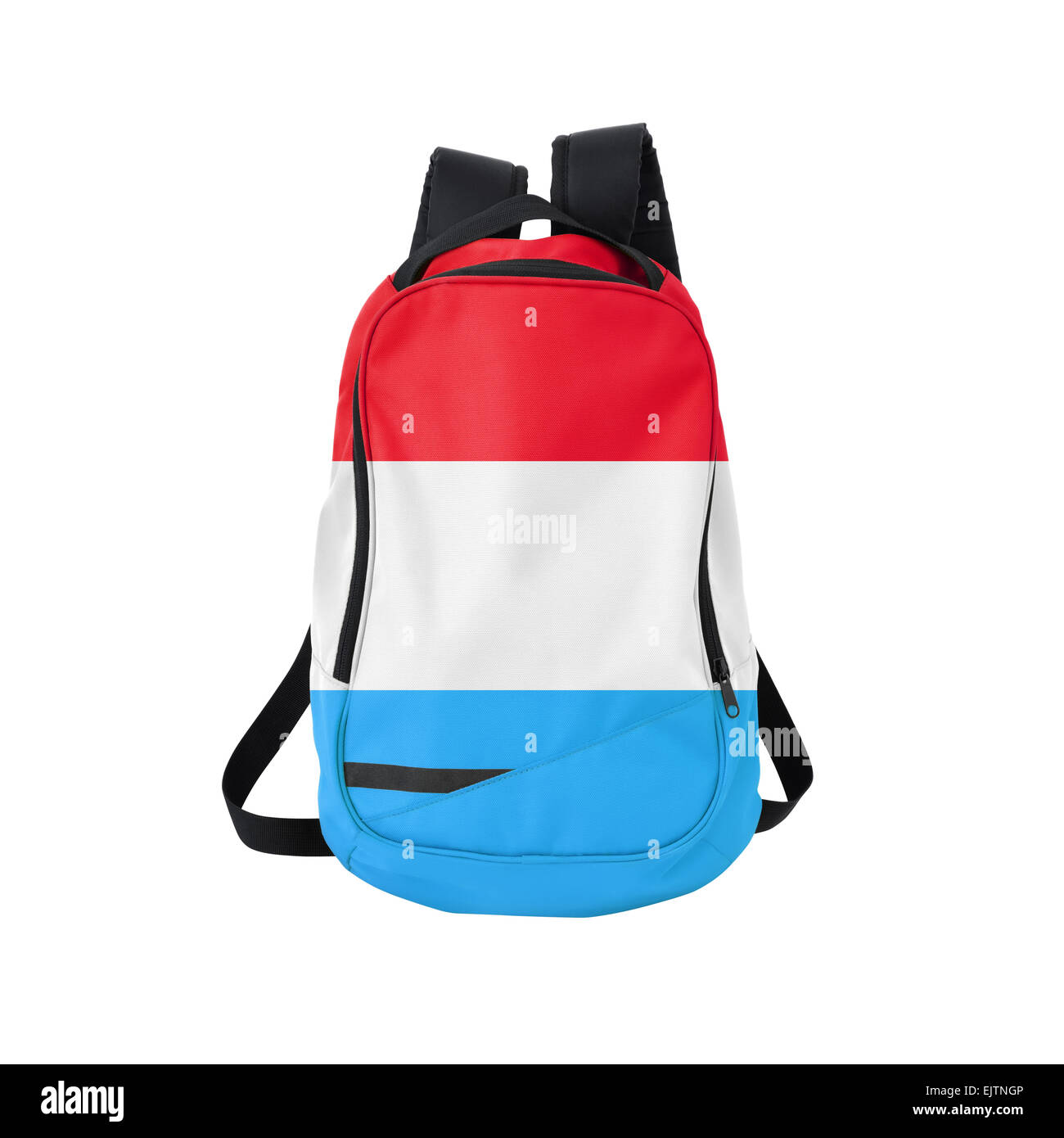 Luxemburg Flagge Rucksack isolierten auf weißen Hintergrund. Zurück zum Schulkonzept. Ausbildung und Studium im Ausland. Reisen und Tourismus Stockfoto