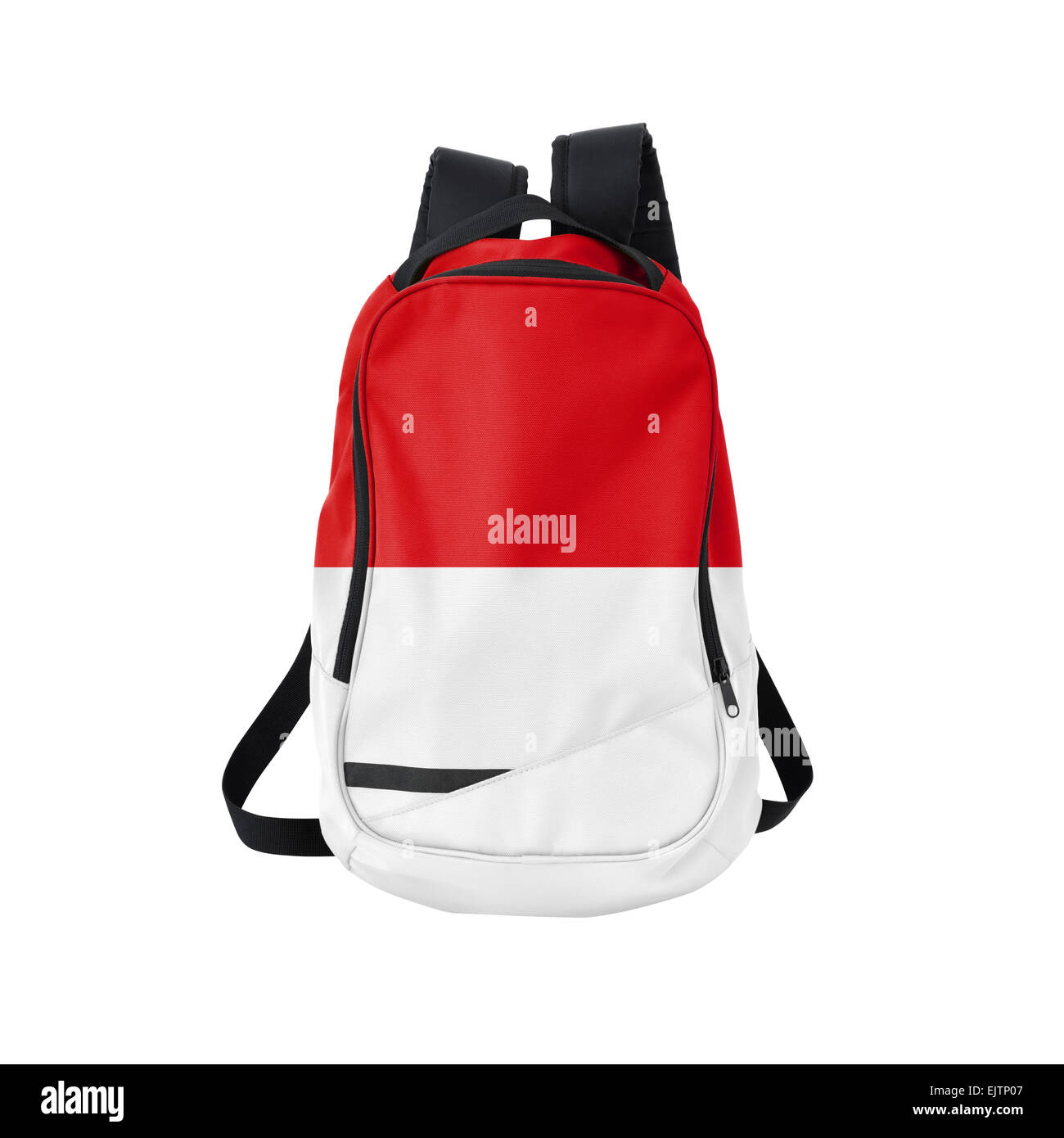 Monegassischen Flagge Rucksack isolierten auf weißen Hintergrund. Zurück zum Schulkonzept. Ausbildung und Studium im Ausland. Reisen und Tourismus Stockfoto