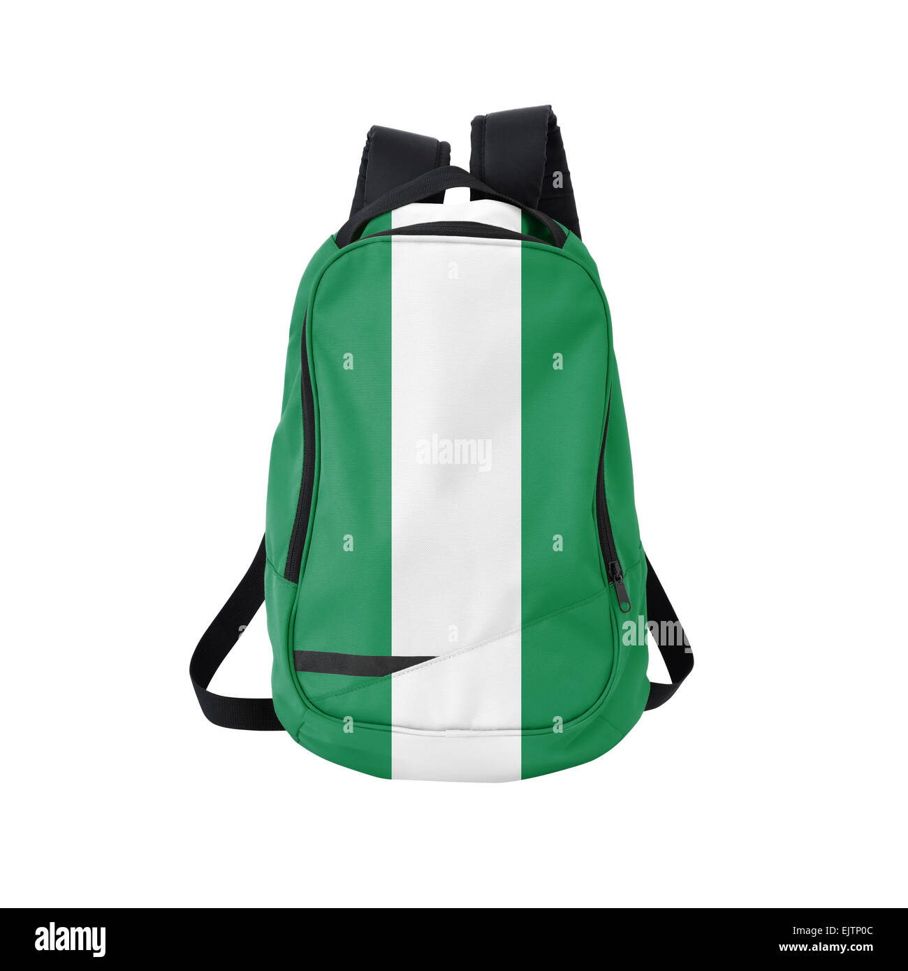 Nigeria Flagge Rucksack isolierten auf weißen Hintergrund. Zurück zum Schulkonzept. Ausbildung und Studium im Ausland. Reisen und Tourismus in Ni Stockfoto