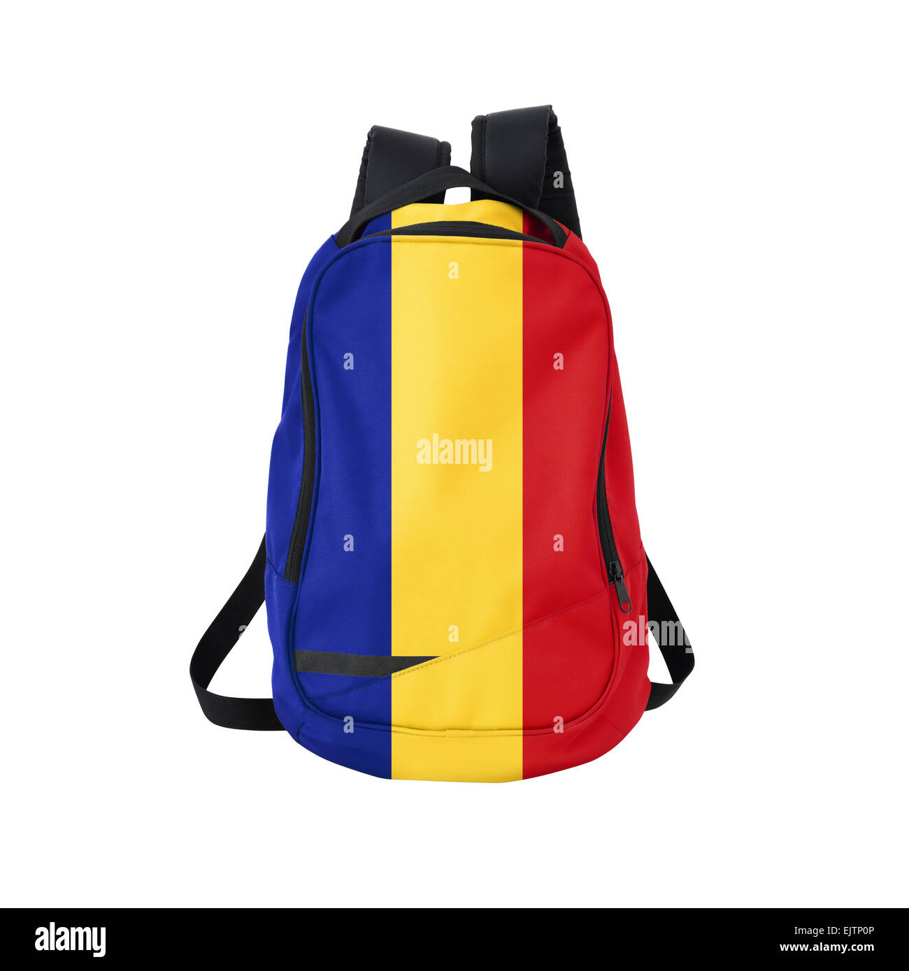 Rumänische Flagge Rucksack isolierten auf weißen Hintergrund. Zurück zum Schulkonzept. Ausbildung und Studium im Ausland. Reisen und Tourismus Stockfoto