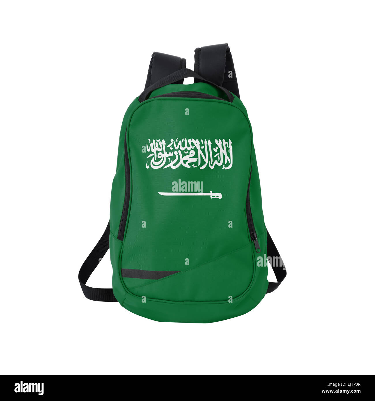 Saudi-Arabische Flagge Rucksack isolierten auf weißen Hintergrund. Zurück zum Schulkonzept. Ausbildung und Studium im Ausland. Reisen und Tourismus Stockfoto
