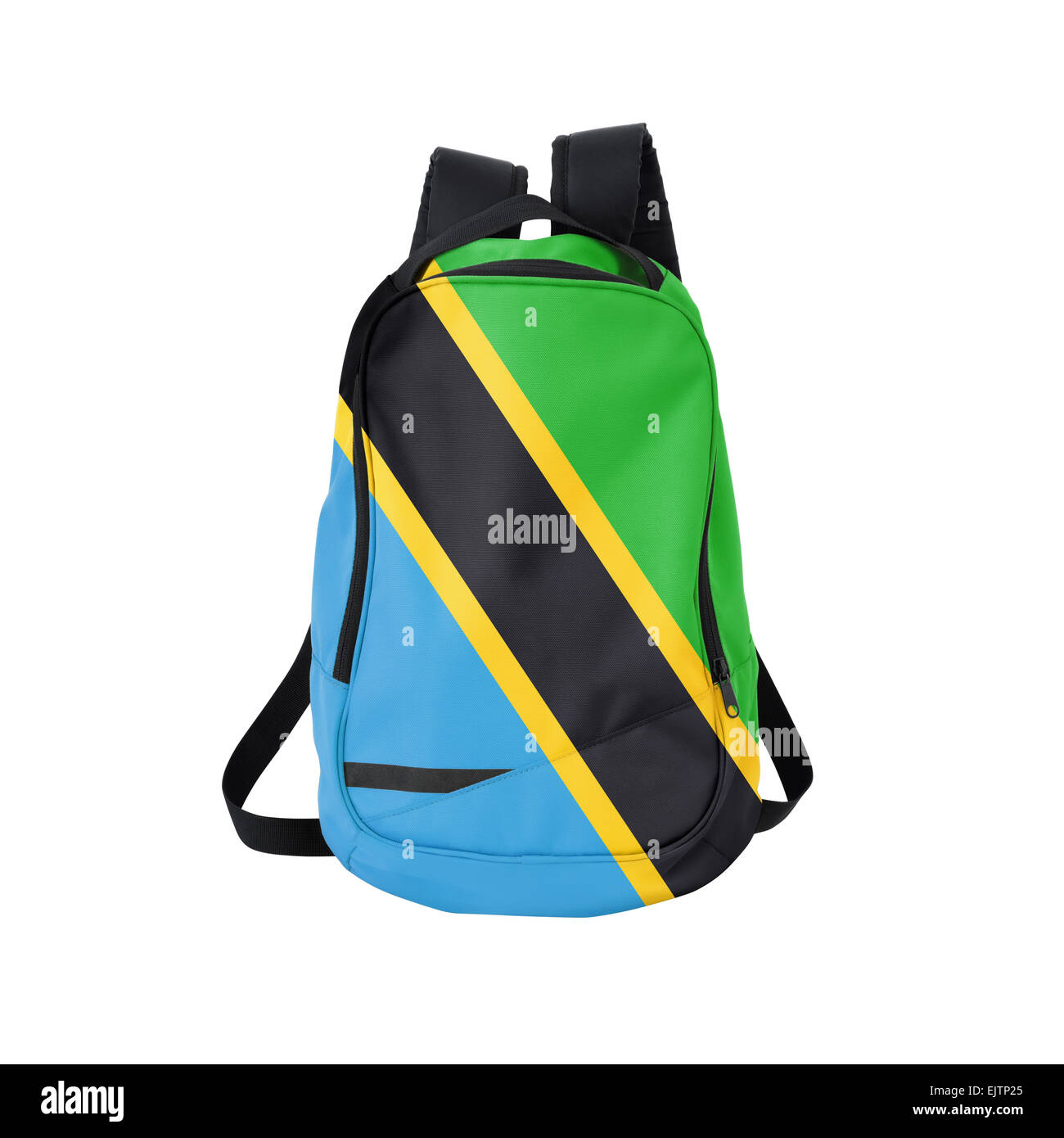 Tansanische Flagge Rucksack isolierten auf weißen Hintergrund. Zurück zum Schulkonzept. Ausbildung und Studium im Ausland. Reisen und Tourismus Stockfoto