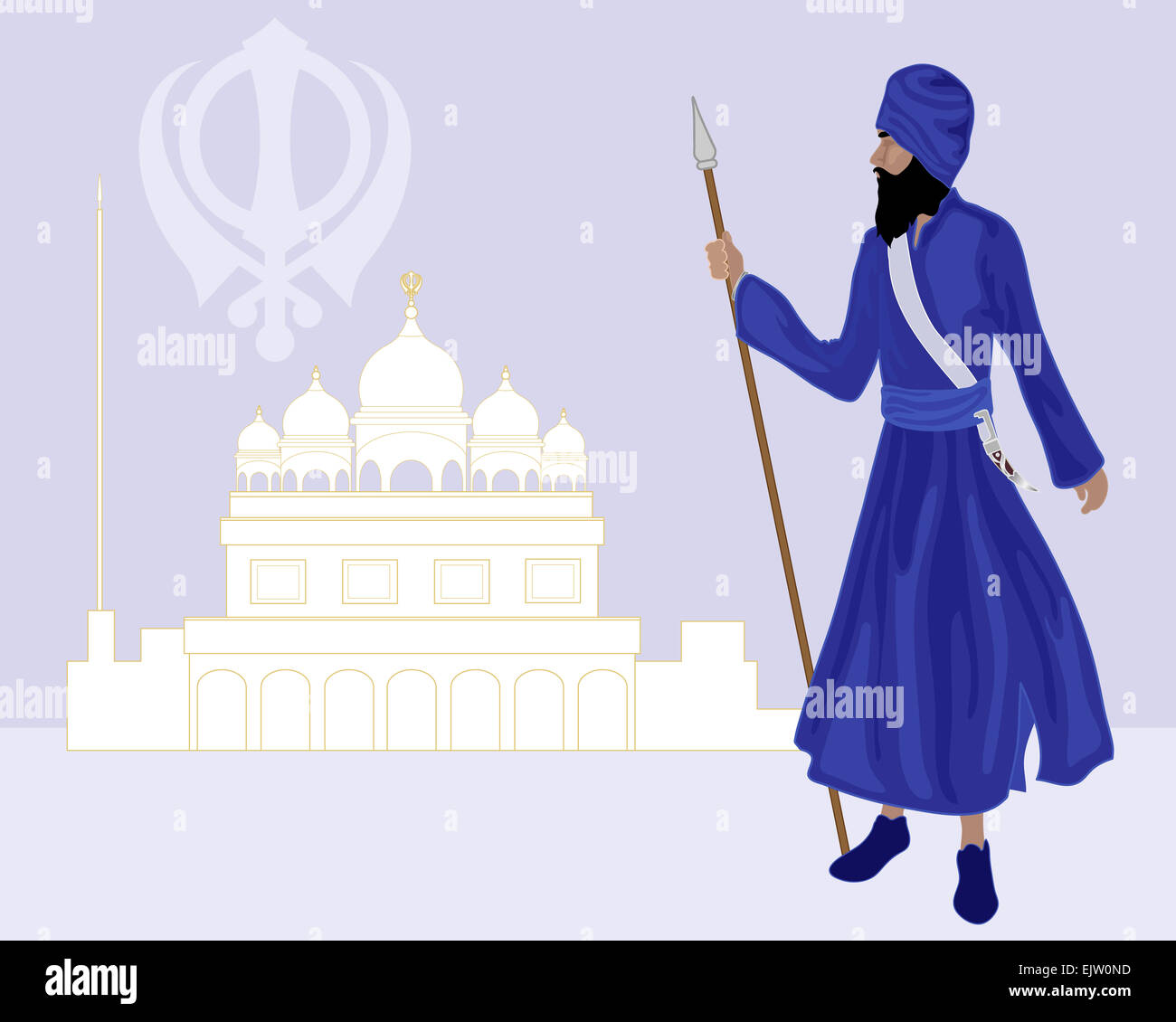 eine Abbildung von einem Sikh Khalsa vor ein Gurdwara tragen blaue Kleidung und hält einen Speer Stockfoto
