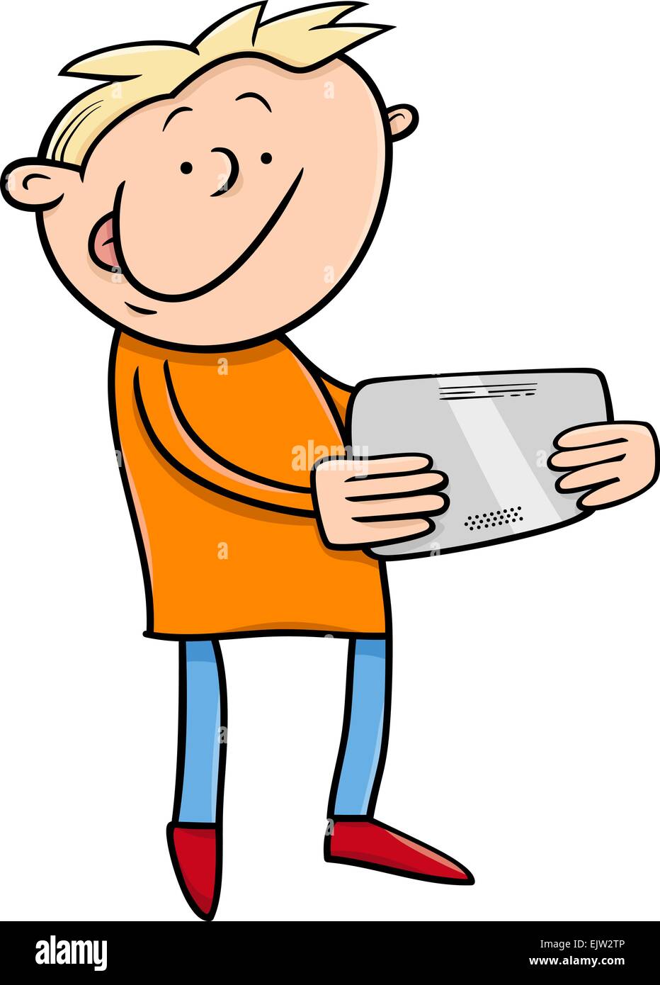 Cartoon-Illustration von Kid Boy spielen auf Tablet Stock Vektor