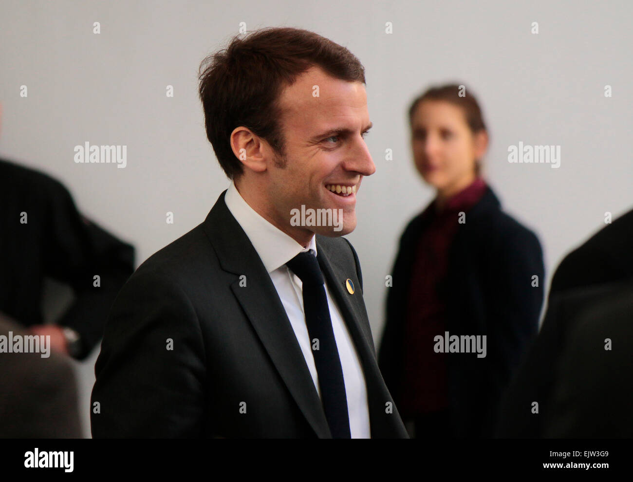 31. März 2015 - BERLIN: Emmanuel Macron auf einem Foto Opp vor einem Treffen der GFV Stockfoto