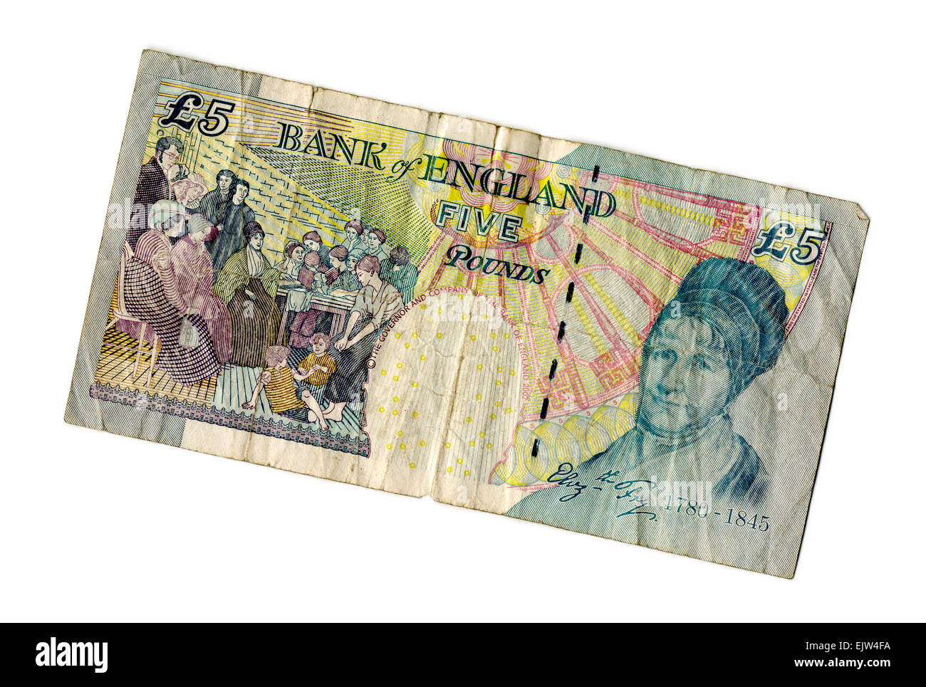 Alte 5 £ Pfund Hinweis, Rückansicht verwendet Stockfoto