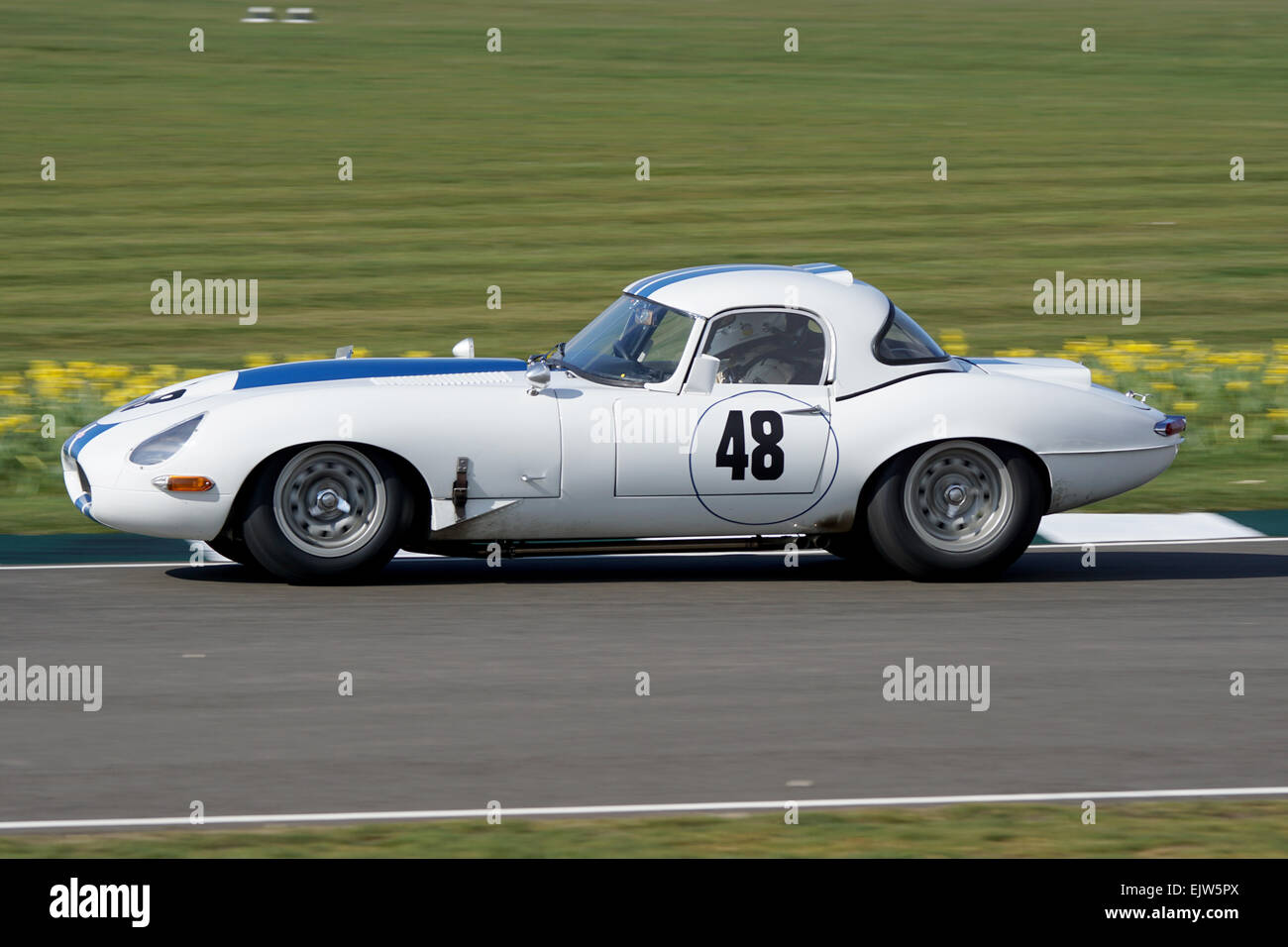 Der Jaguar E-Type Low Drag von Read Gomm und S Butler Kurven hart an der Goodwood Mitglieder 2015 Stockfoto