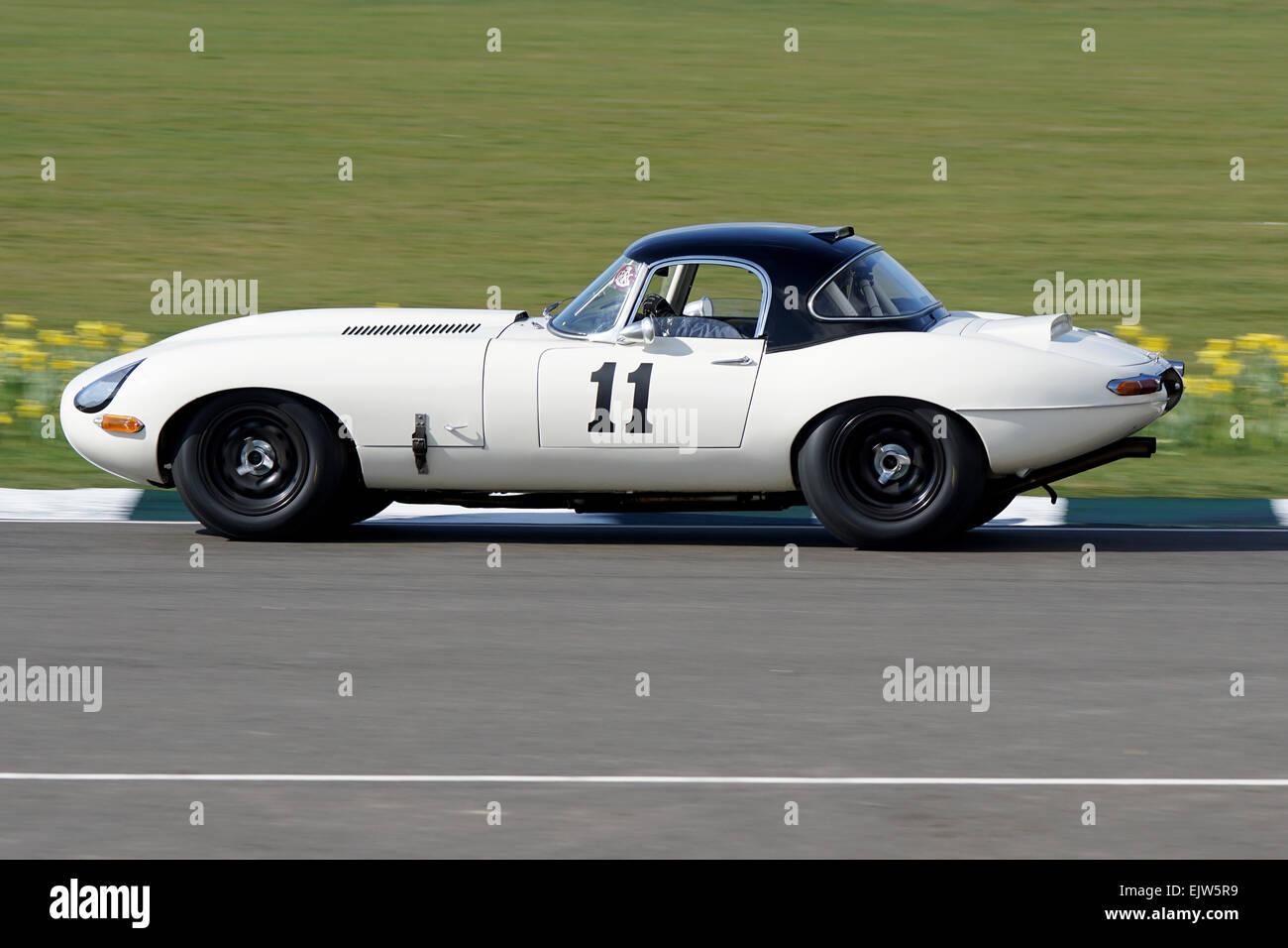 Der Jaguar E-Type von Martin Hunt und Patrick Blakeney Edwards Kurven hart an der Goodwood Mitglieder 2015 Stockfoto