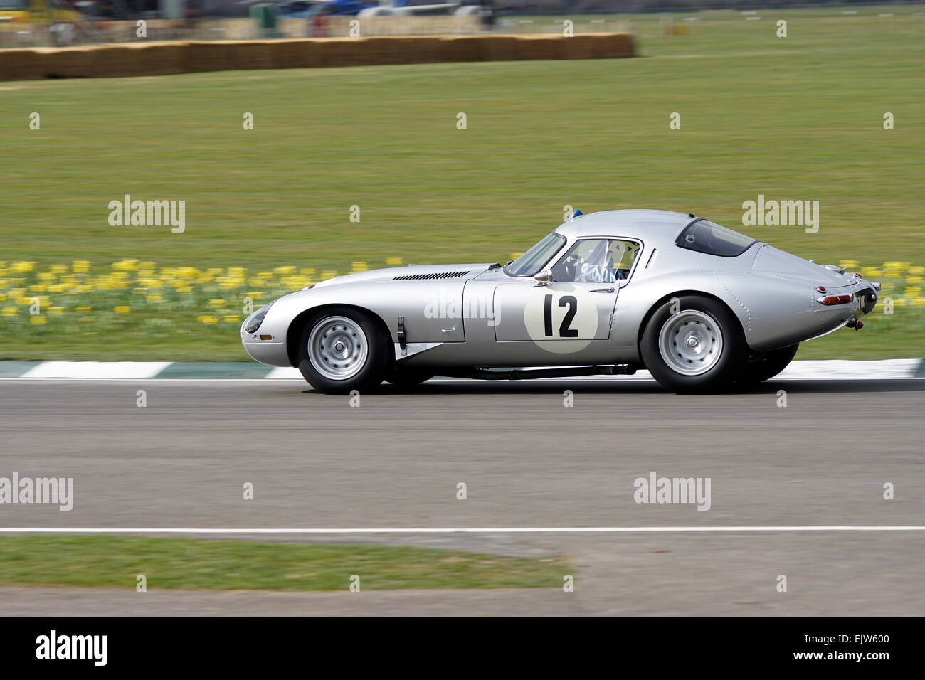 Der Jaguar E-Type Low Drag von Mark Gibbon Kurven hart an der Goodwood Mitglieder 2015 Stockfoto