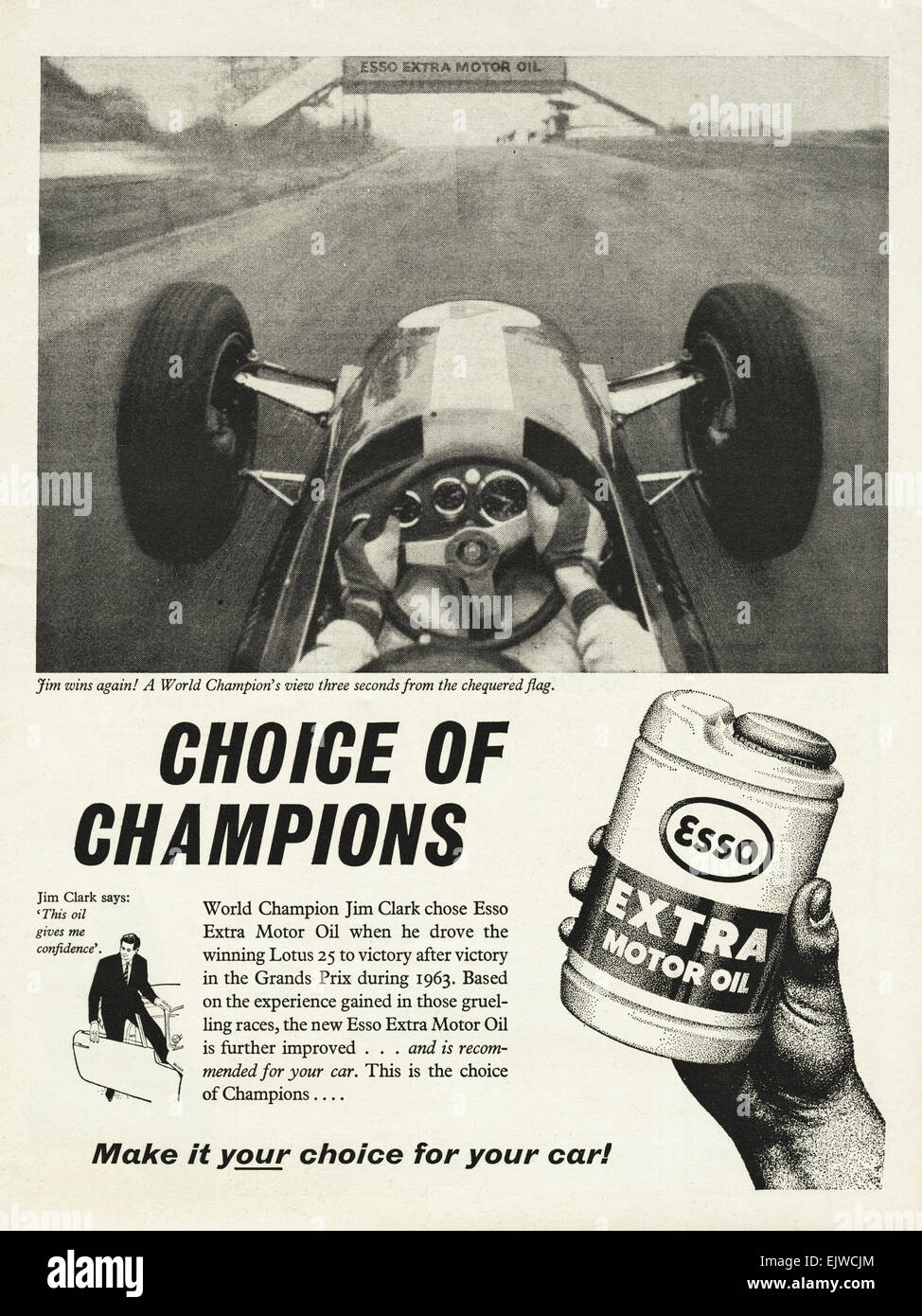 1960er Jahre Werbung Magazin Anzeige für ESSO EXTRA Motoröl mit Welt-Champion Jim Clark datiert 1964 Stockfoto