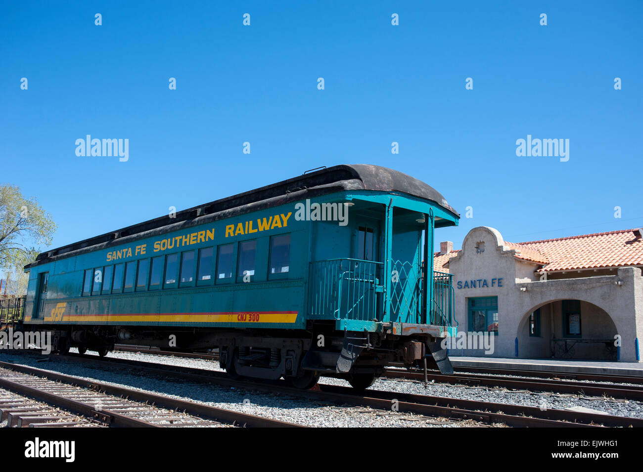USA New Mexico NM den alten Santa Fe Railway Hof und Train Depot lachen Stockfoto