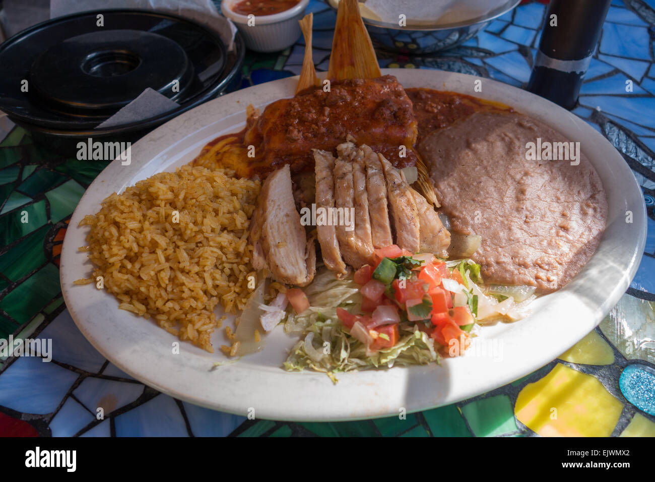 Mexikanisches Essen Chicken Fajitas Schweinefleisch tamale Stockfoto