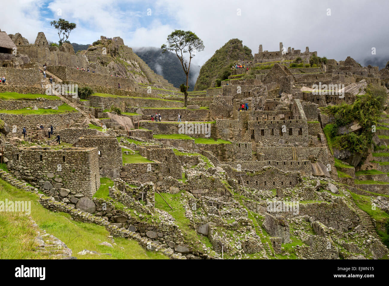 Peru, Machu Picchu, Urban Westsektor.  Arbeiter durchführen Wand Wartung auf linken Seite. Stockfoto
