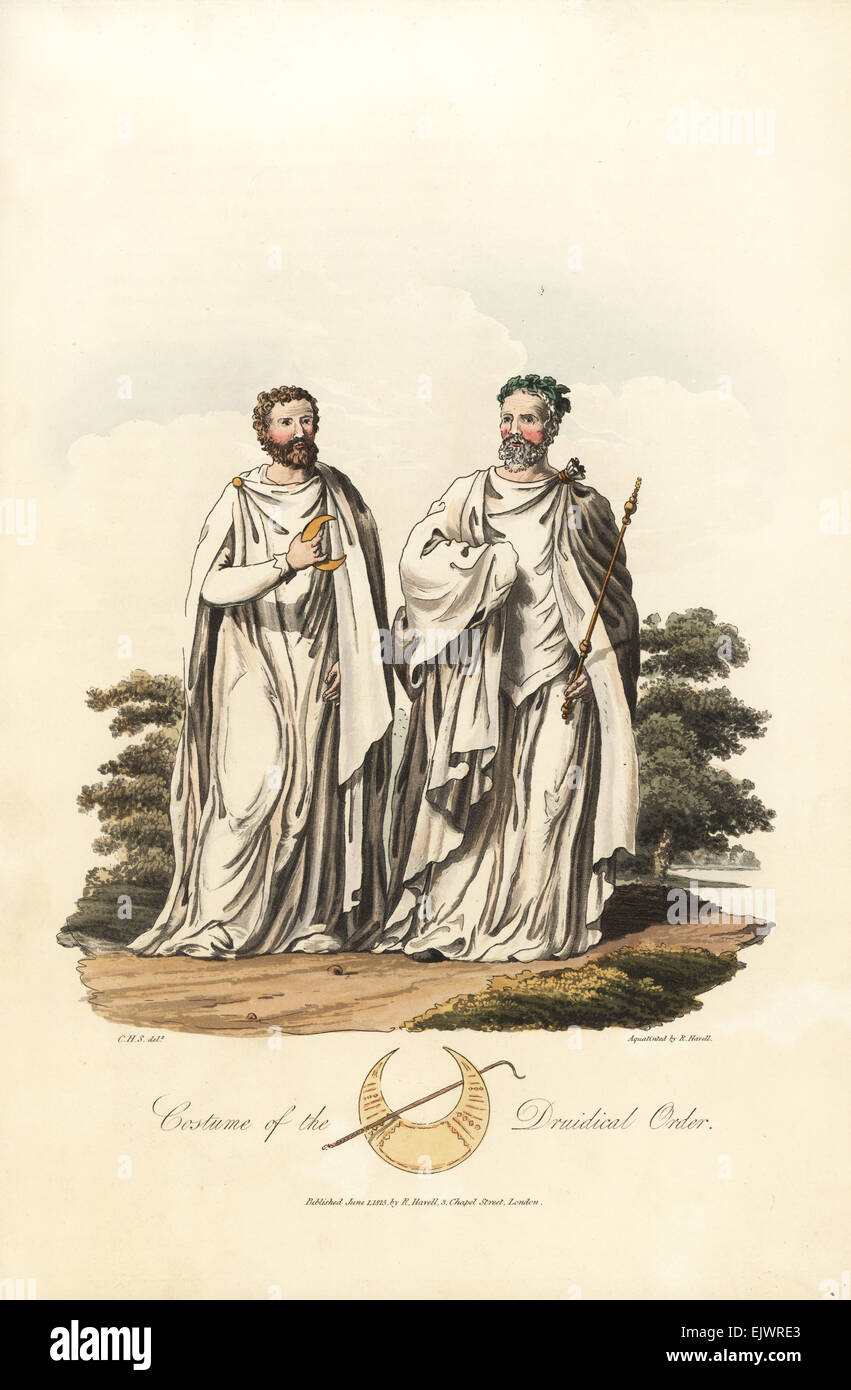 Kostüm des Ordens Druiden vorrömischen Zeit. Bogen-Druide in Kranz aus Eichenlaub und Druiden halten eine Cornan. Stockfoto
