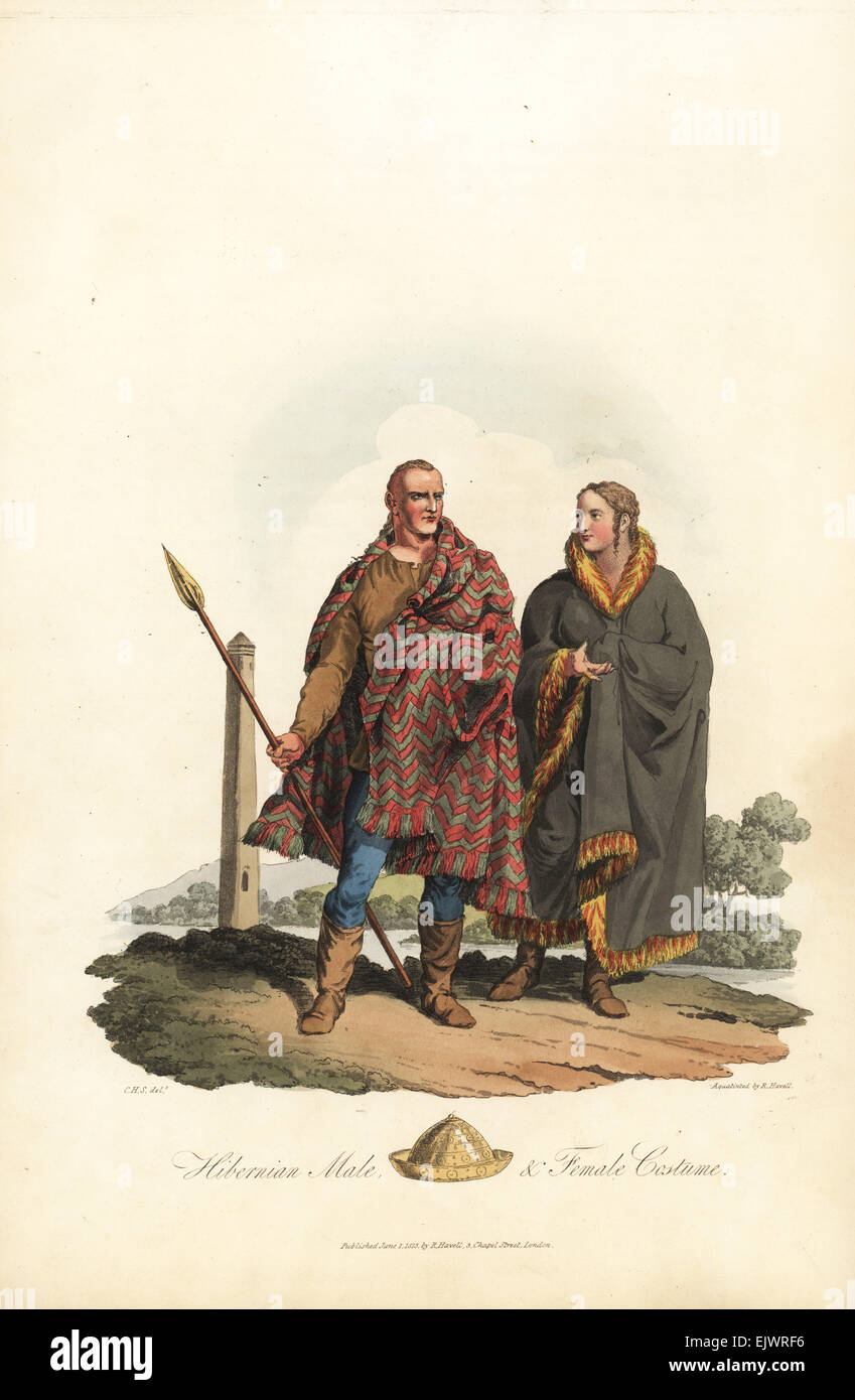 Hibernian männliche und weibliche Kostüm, Post-römischen Epoche. Stockfoto